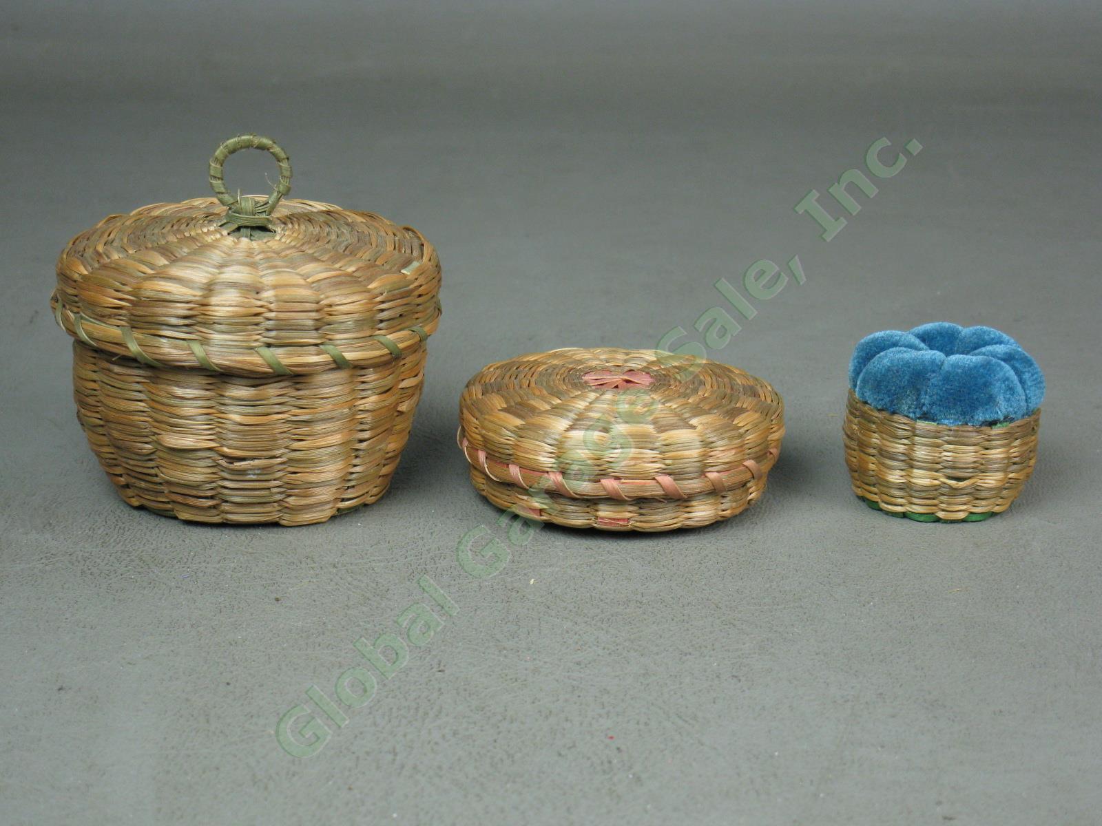 Vtg Antique Sewing Thimbles Sweetgrass Basket + Pincushion Lot Sterling Bakelite 8