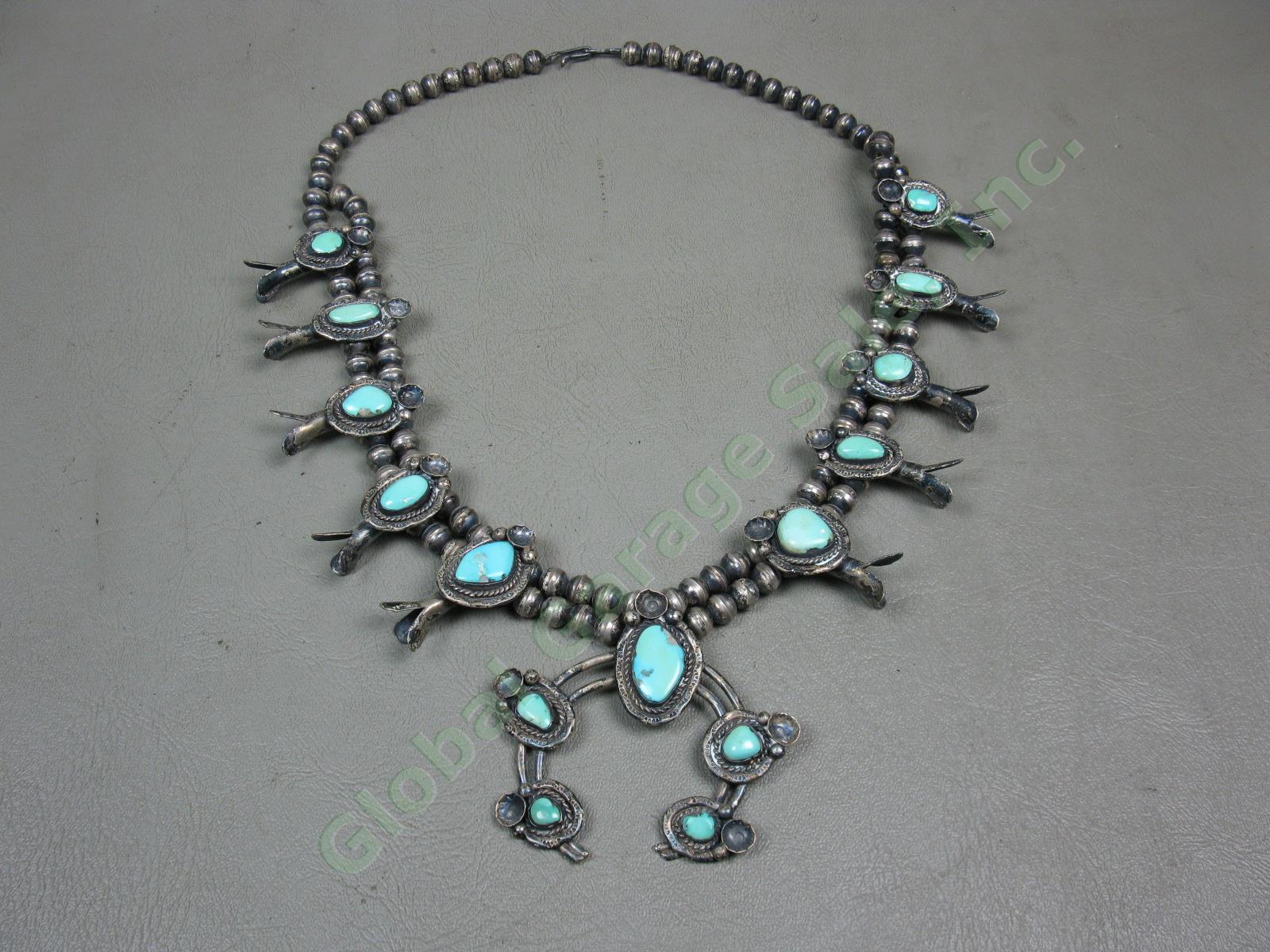 Vtg Old Pawn Native American Navajo Turquoise Squash Blossom Necklace Silver NR!