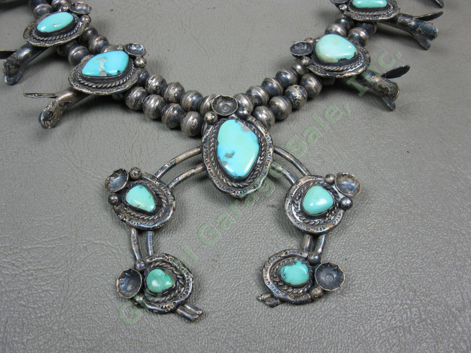 Vtg Old Pawn Native American Navajo Turquoise Squash Blossom Necklace Silver NR! 1