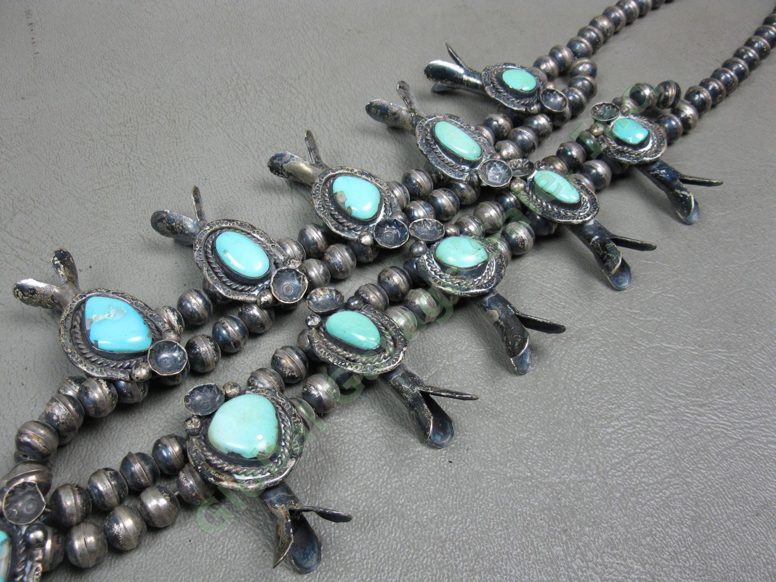 Vtg Old Pawn Native American Navajo Turquoise Squash Blossom Necklace Silver NR! 2