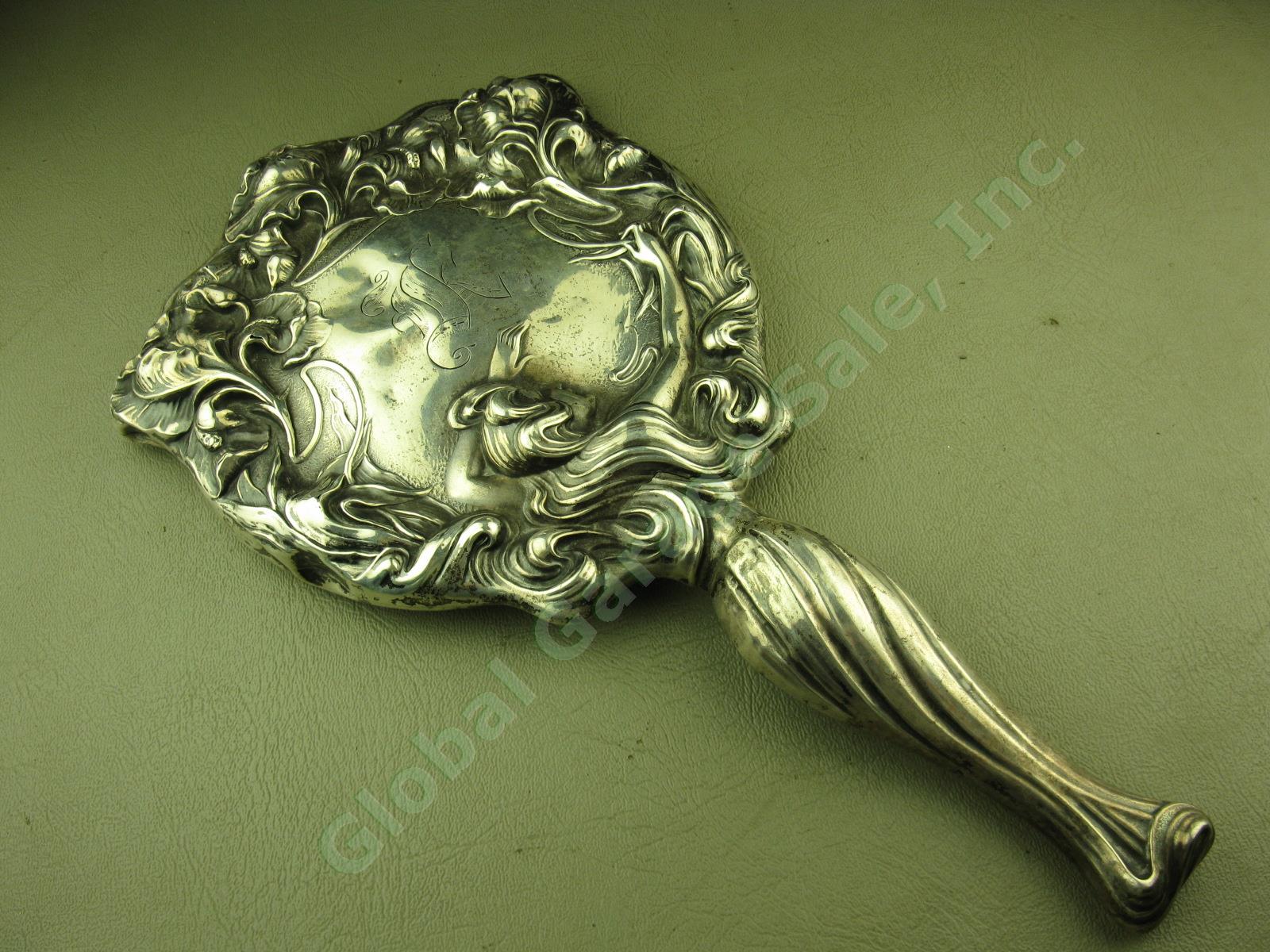 Vtg Antique Unger Bros Art Nouveau Sterling Silver Repousse Vanity Hand Mirror