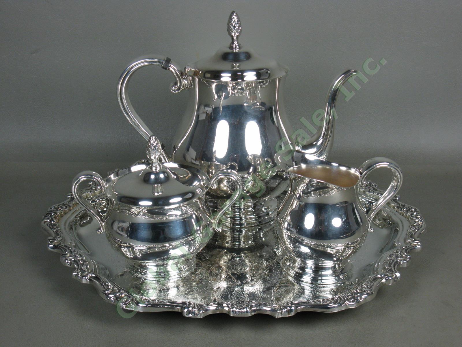 Vtg Newport by Gorham Silverplate Tea Set Teapot + Webster Wilcox Oneida Tray NR