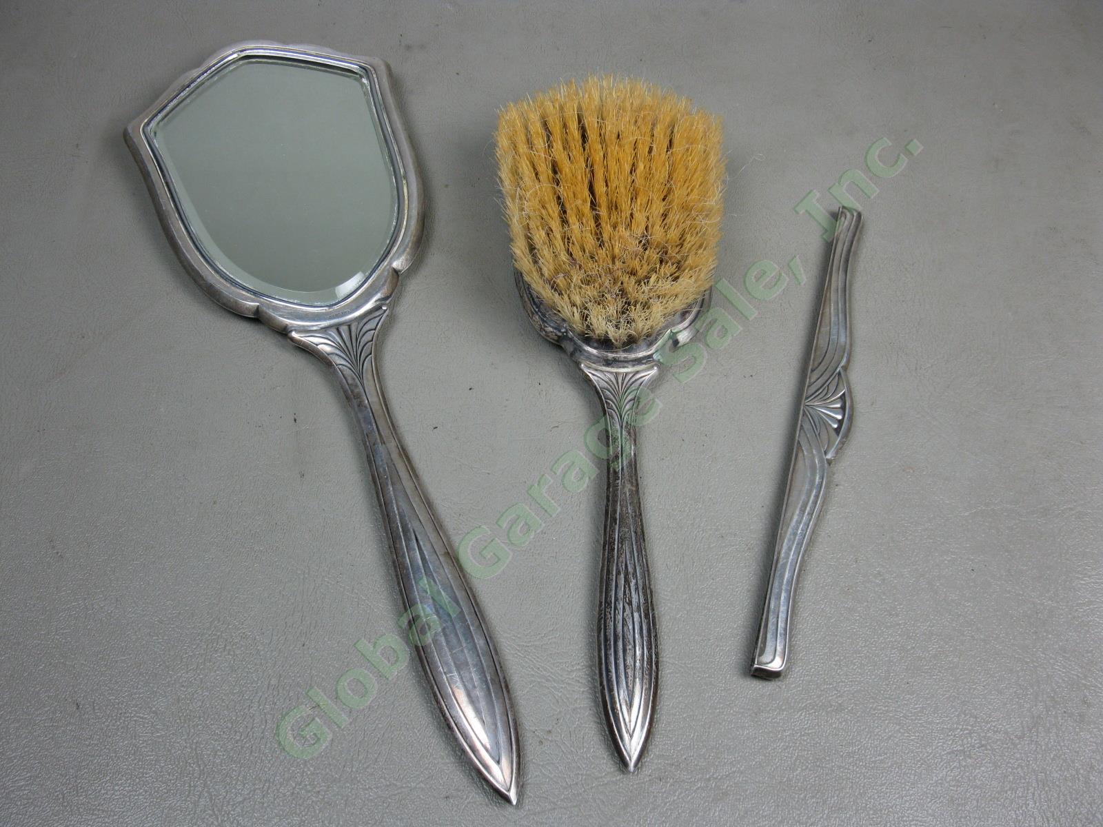 Vtg Antique 3-Pc Art Deco Sterling Silver Vanity Set Hand Mirror Hair Brush Comb