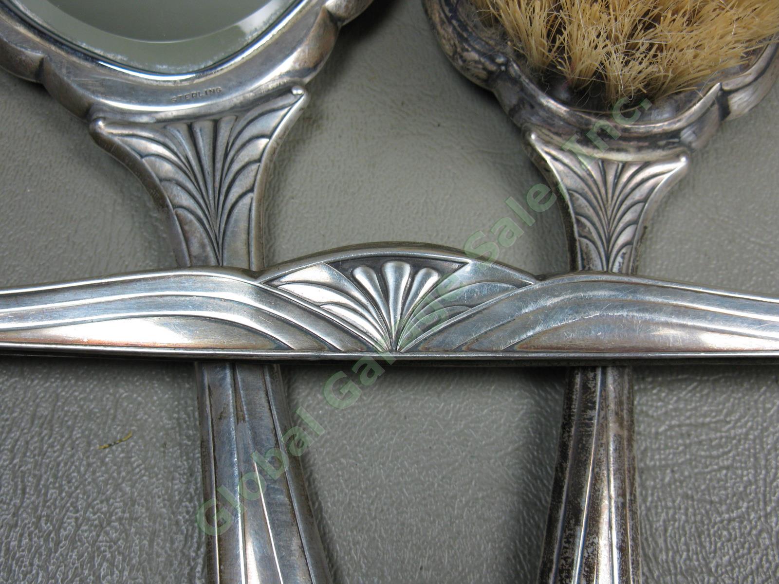 Vtg Antique 3-Pc Art Deco Sterling Silver Vanity Set Hand Mirror Hair Brush Comb 2