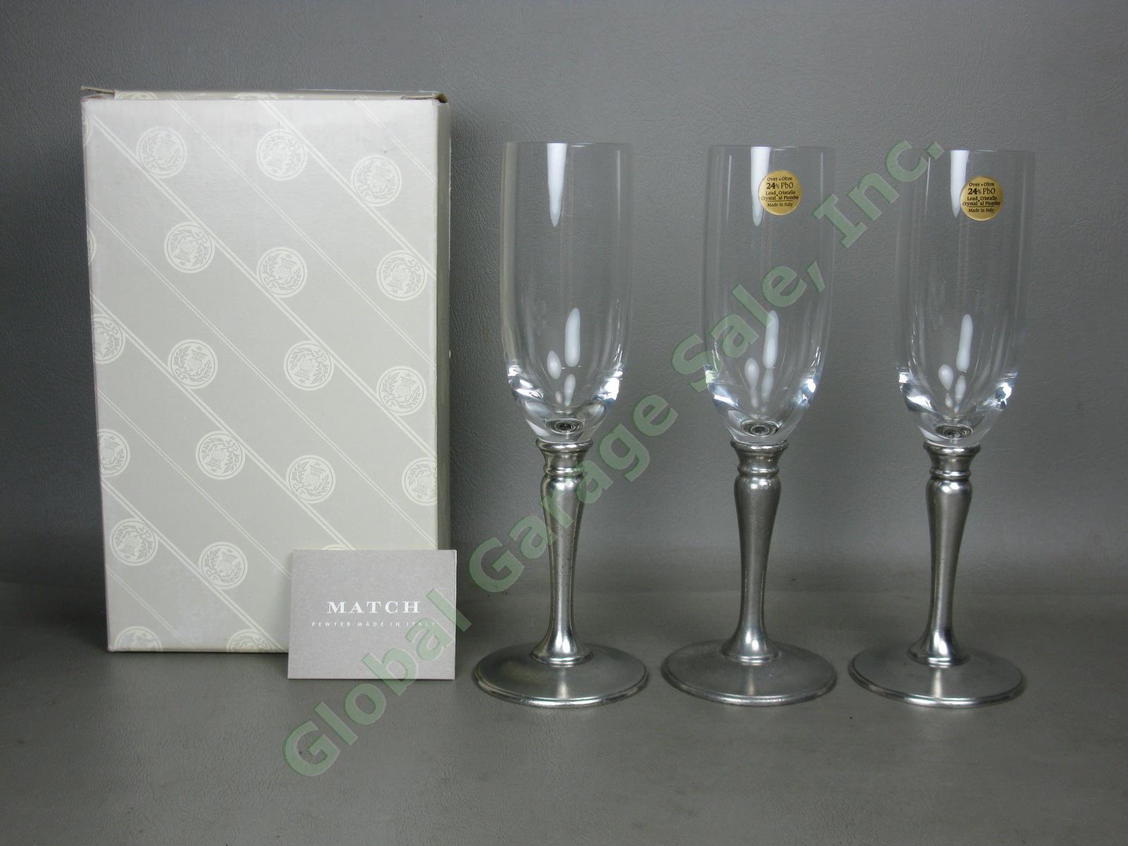3 NEW Match Pewter 8" Champagne Flutes Glasses Made In Italy $90 Each Retail NR!
