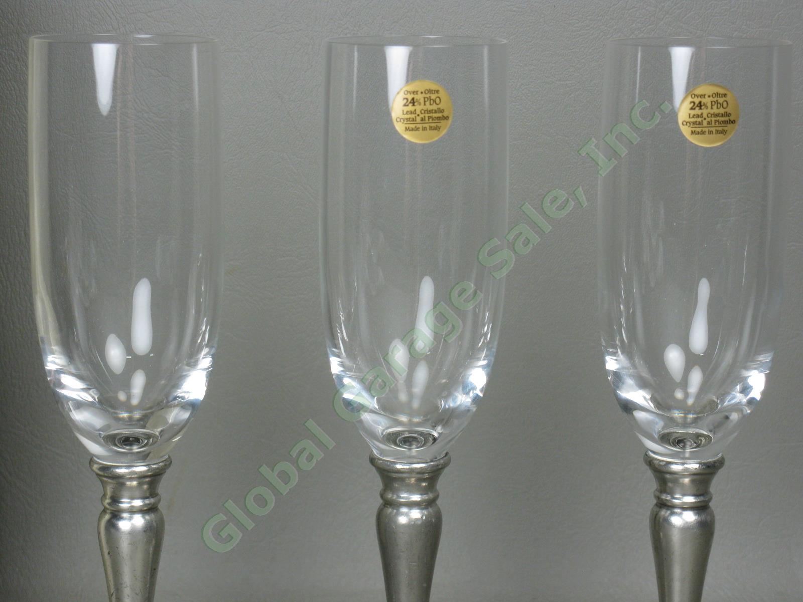 3 NEW Match Pewter 8" Champagne Flutes Glasses Made In Italy $90 Each Retail NR! 1