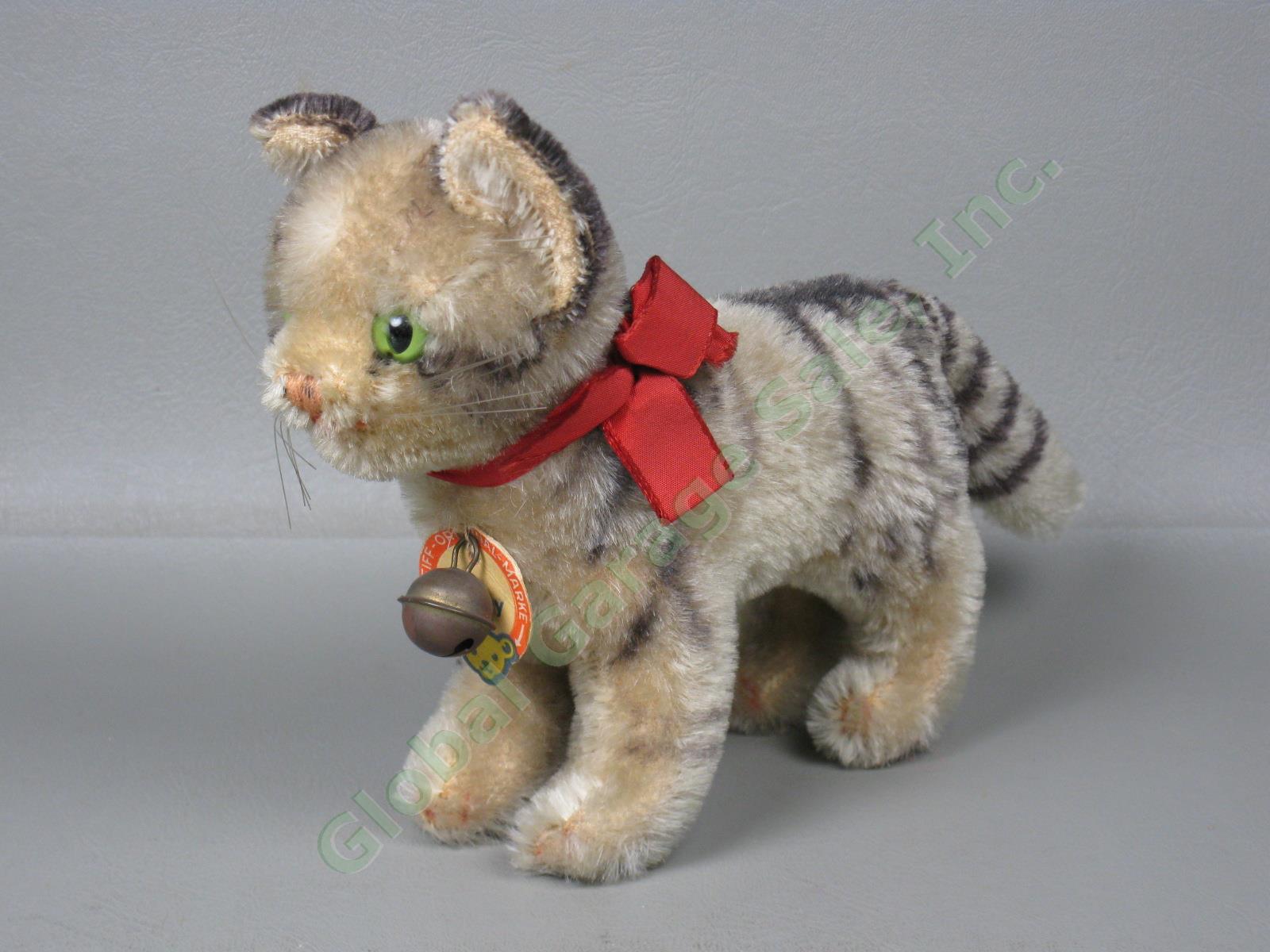 Vtg Antique Steiff Tabby Mohair Cat Kitten w/ Paper Label + Bell Stuffed Animal