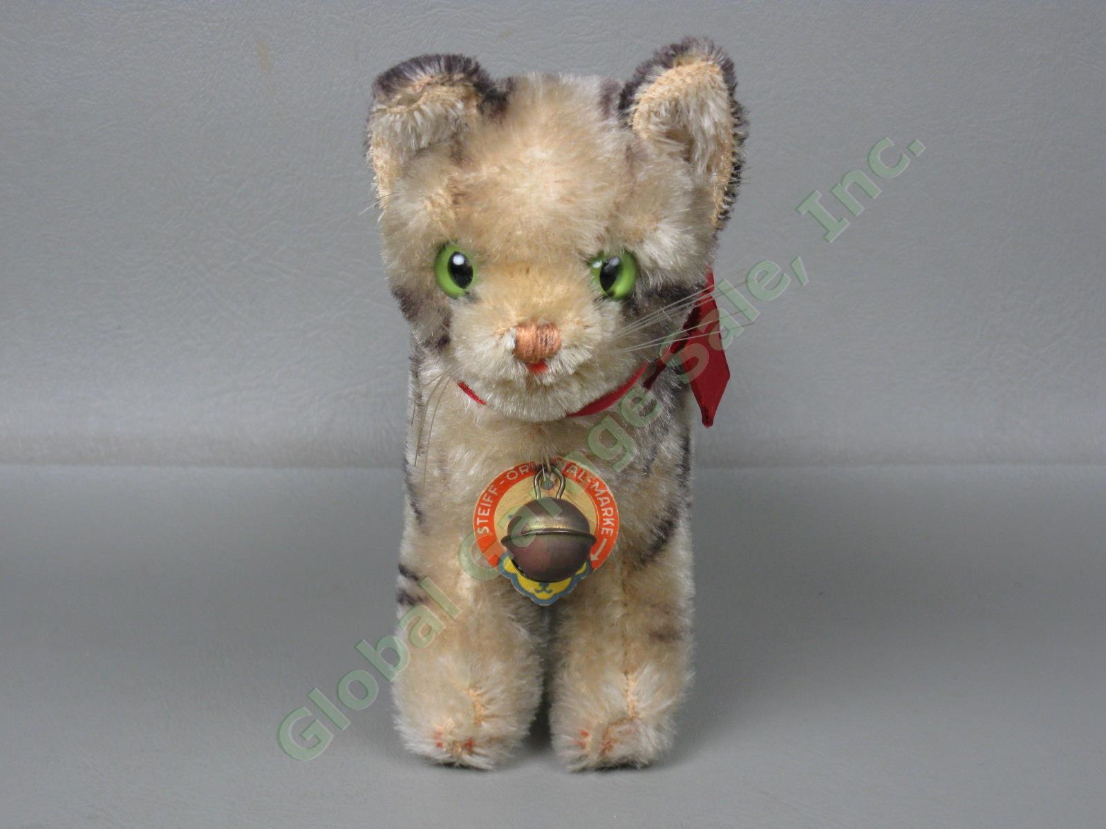 Vtg Antique Steiff Tabby Mohair Cat Kitten w/ Paper Label + Bell Stuffed Animal 1
