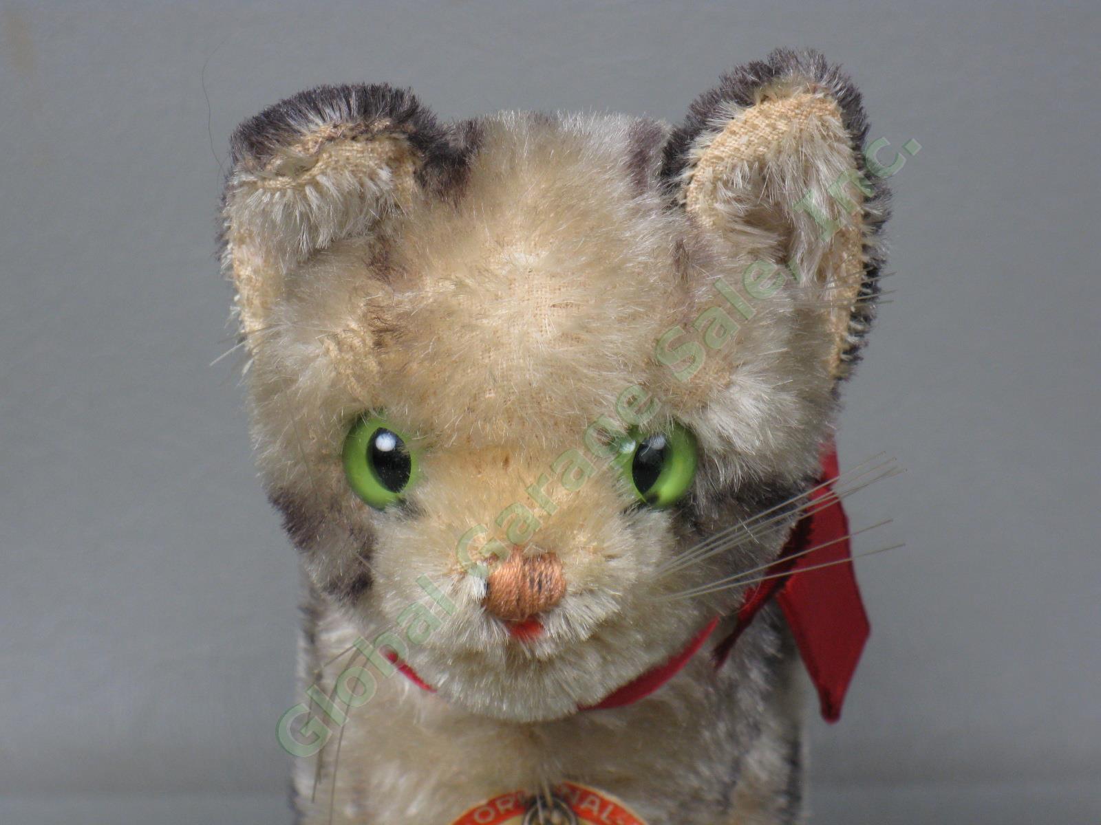 Vtg Antique Steiff Tabby Mohair Cat Kitten w/ Paper Label + Bell Stuffed Animal 2