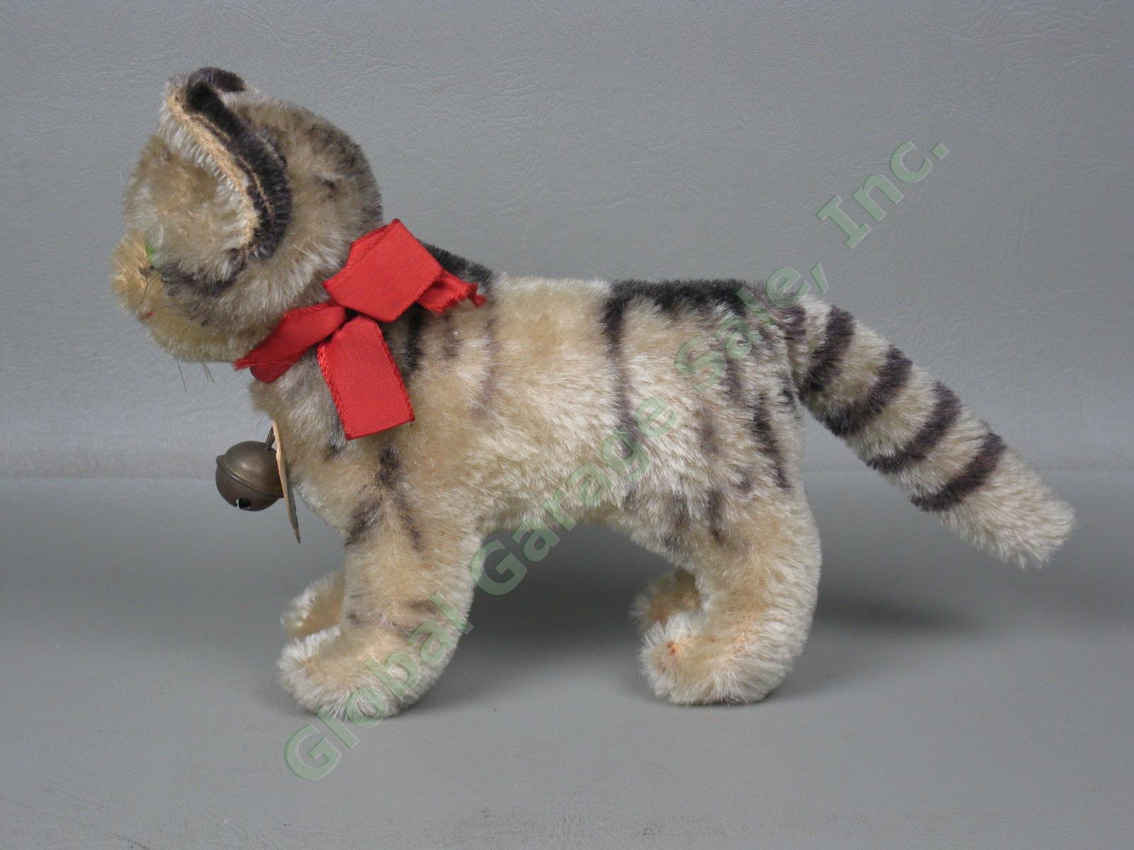 Vtg Antique Steiff Tabby Mohair Cat Kitten w/ Paper Label + Bell Stuffed Animal 3
