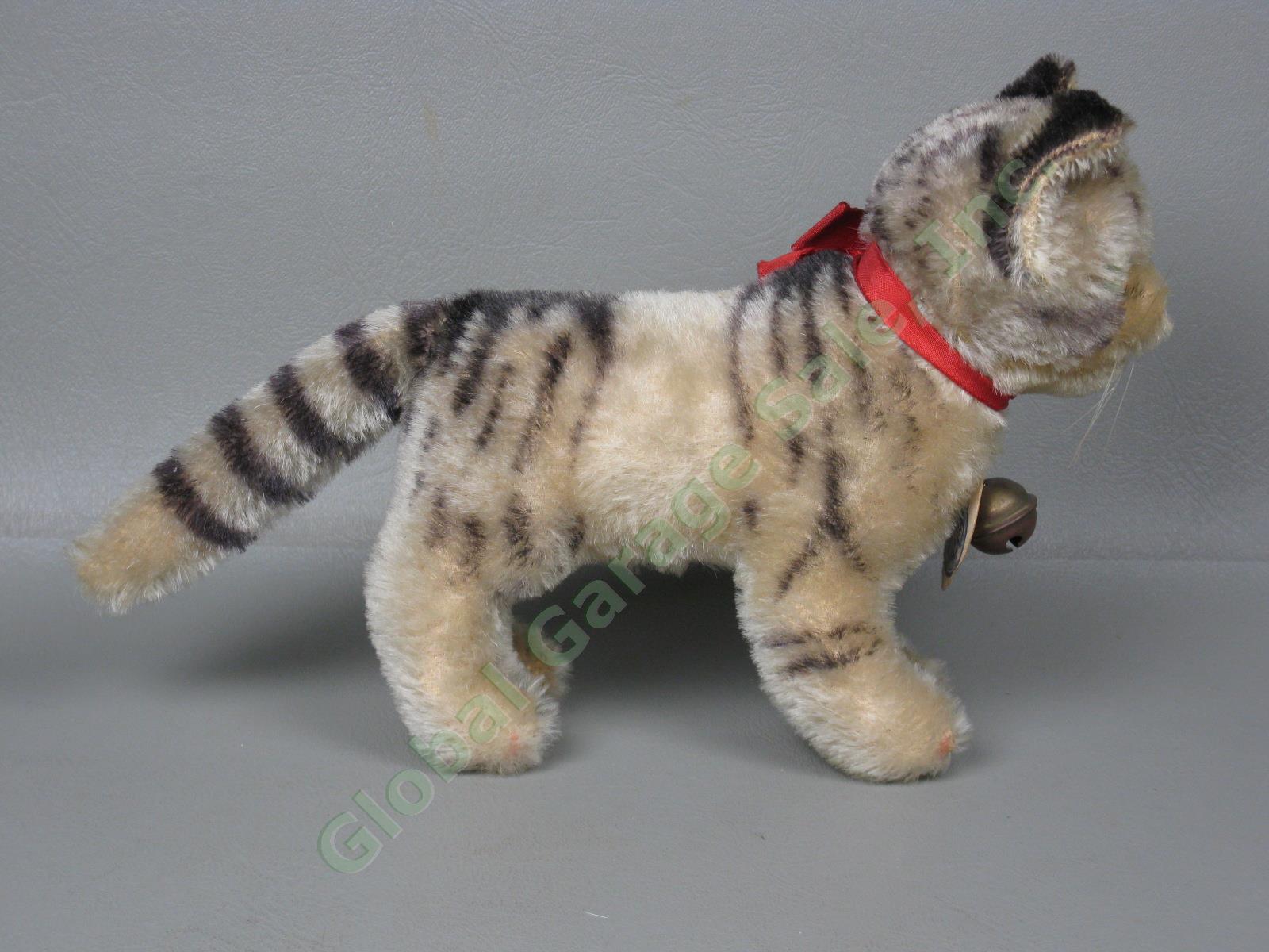 Vtg Antique Steiff Tabby Mohair Cat Kitten w/ Paper Label + Bell Stuffed Animal 4