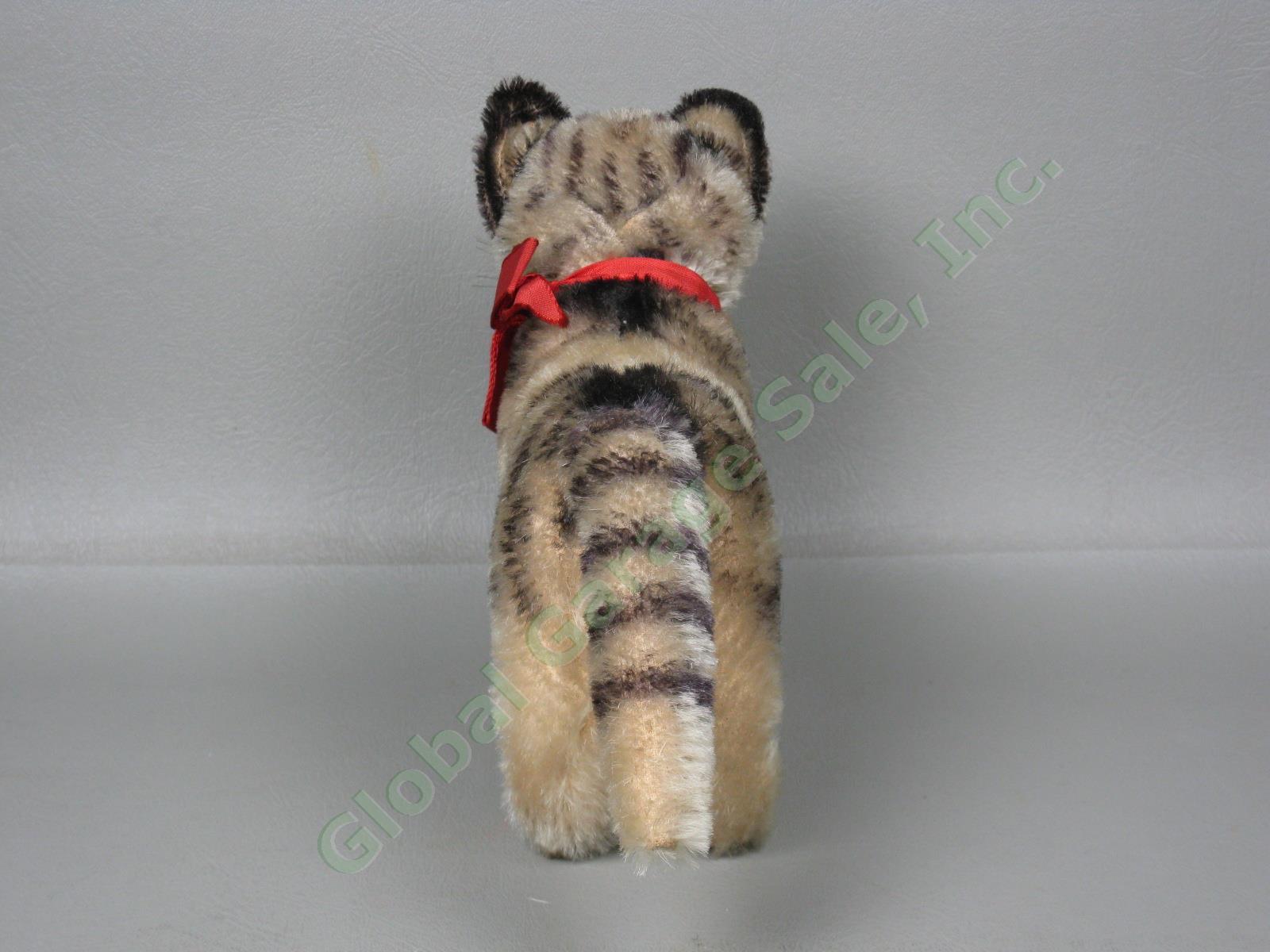 Vtg Antique Steiff Tabby Mohair Cat Kitten w/ Paper Label + Bell Stuffed Animal 5