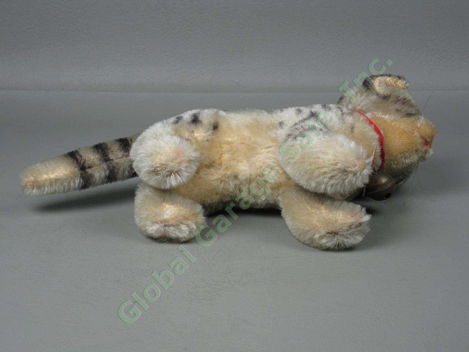 Vtg Antique Steiff Tabby Mohair Cat Kitten w/ Paper Label + Bell Stuffed Animal 6