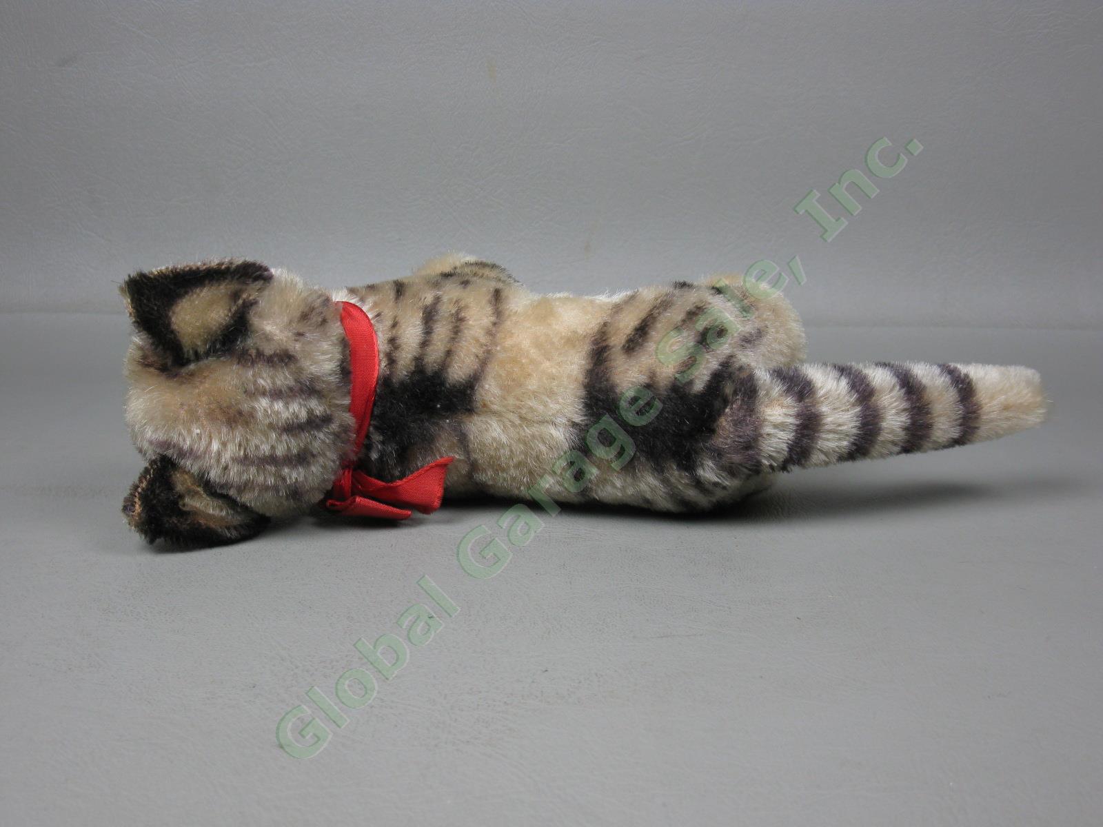 Vtg Antique Steiff Tabby Mohair Cat Kitten w/ Paper Label + Bell Stuffed Animal 8