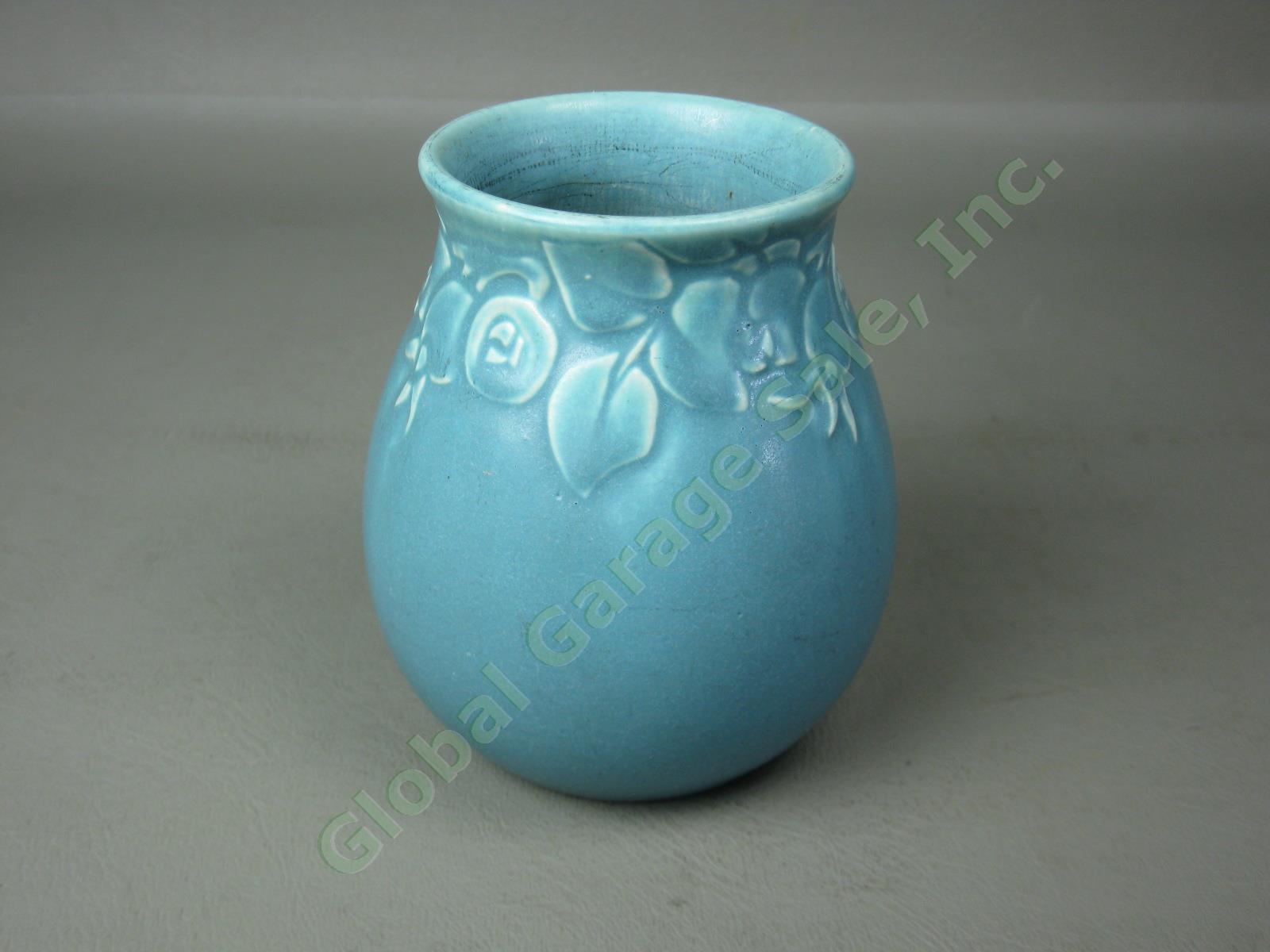 Rare Vtg Antique 1920s Rookwood Pottery Matte Blue Vase #2122 4-1/2" Rosehips NR