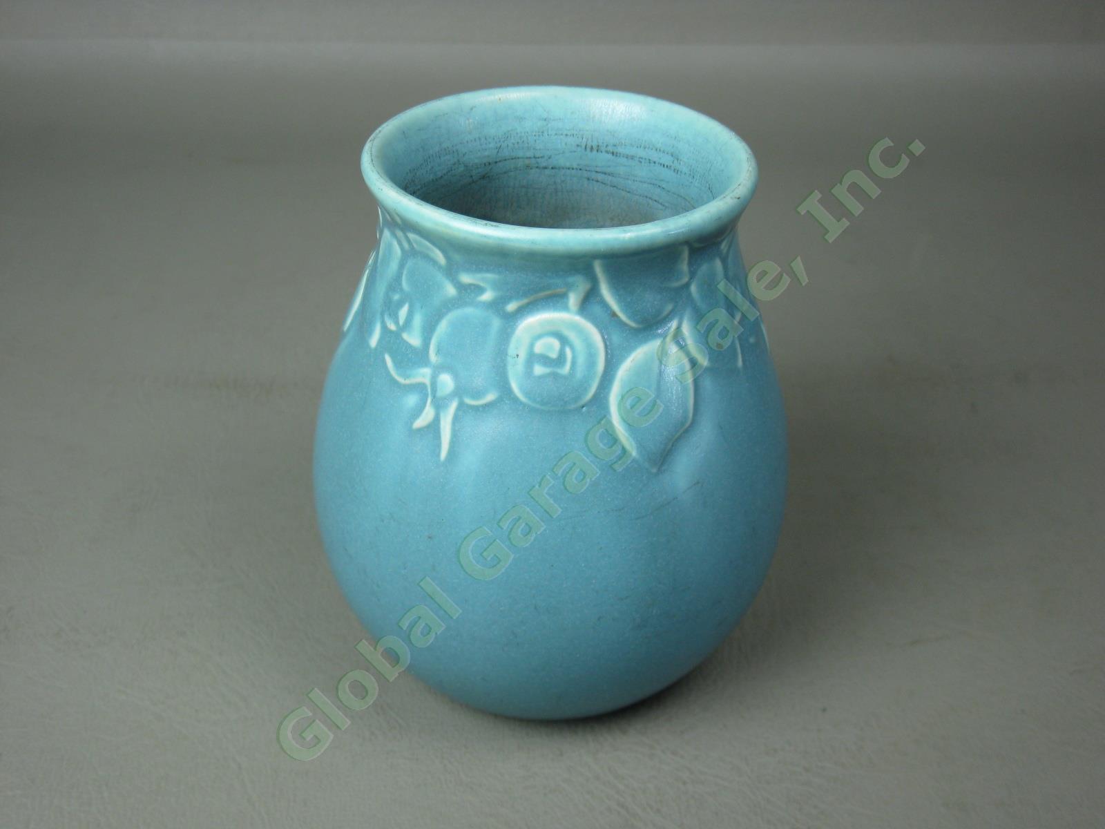 Rare Vtg Antique 1920s Rookwood Pottery Matte Blue Vase #2122 4-1/2" Rosehips NR 1