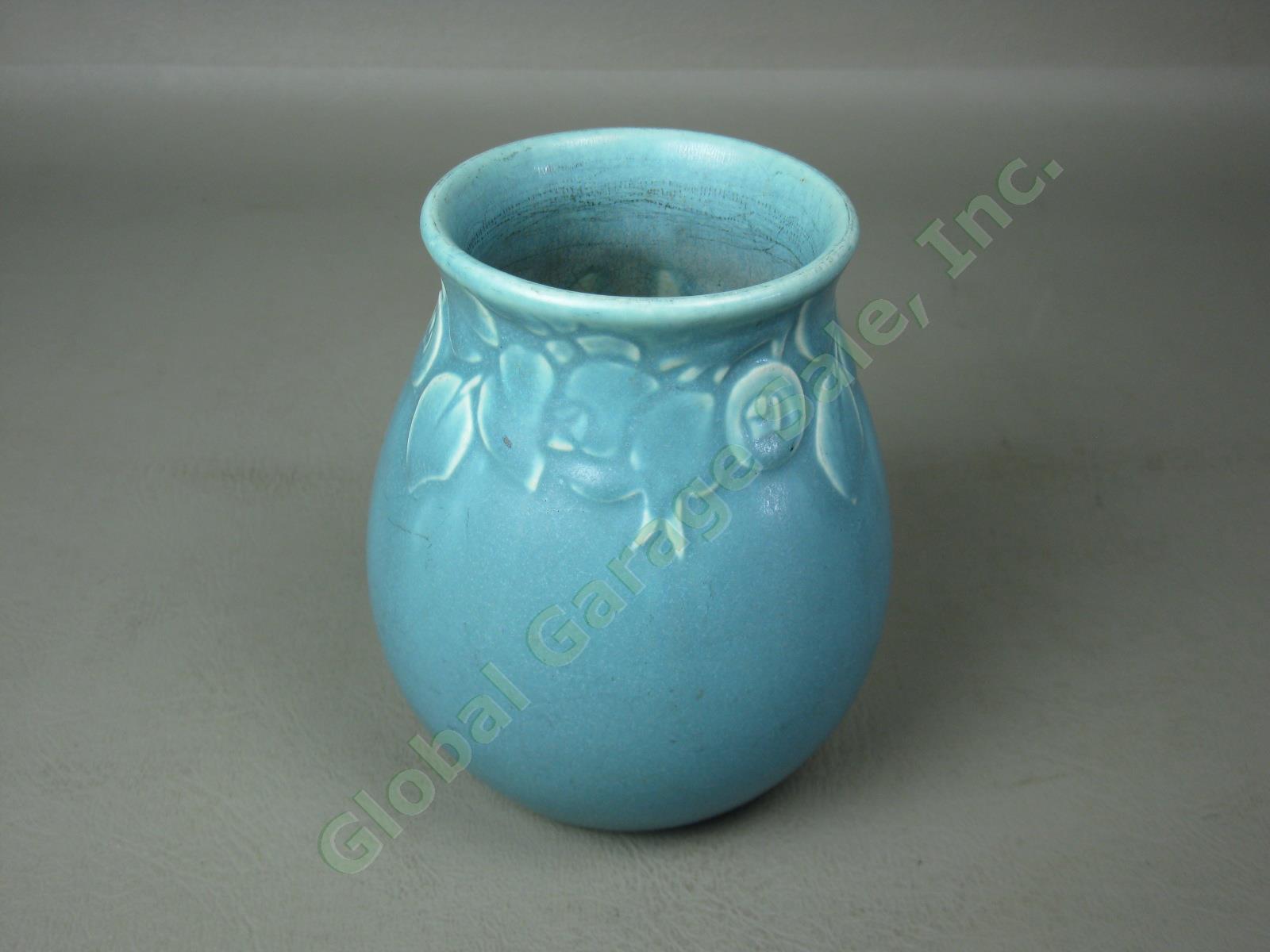 Rare Vtg Antique 1920s Rookwood Pottery Matte Blue Vase #2122 4-1/2" Rosehips NR 2