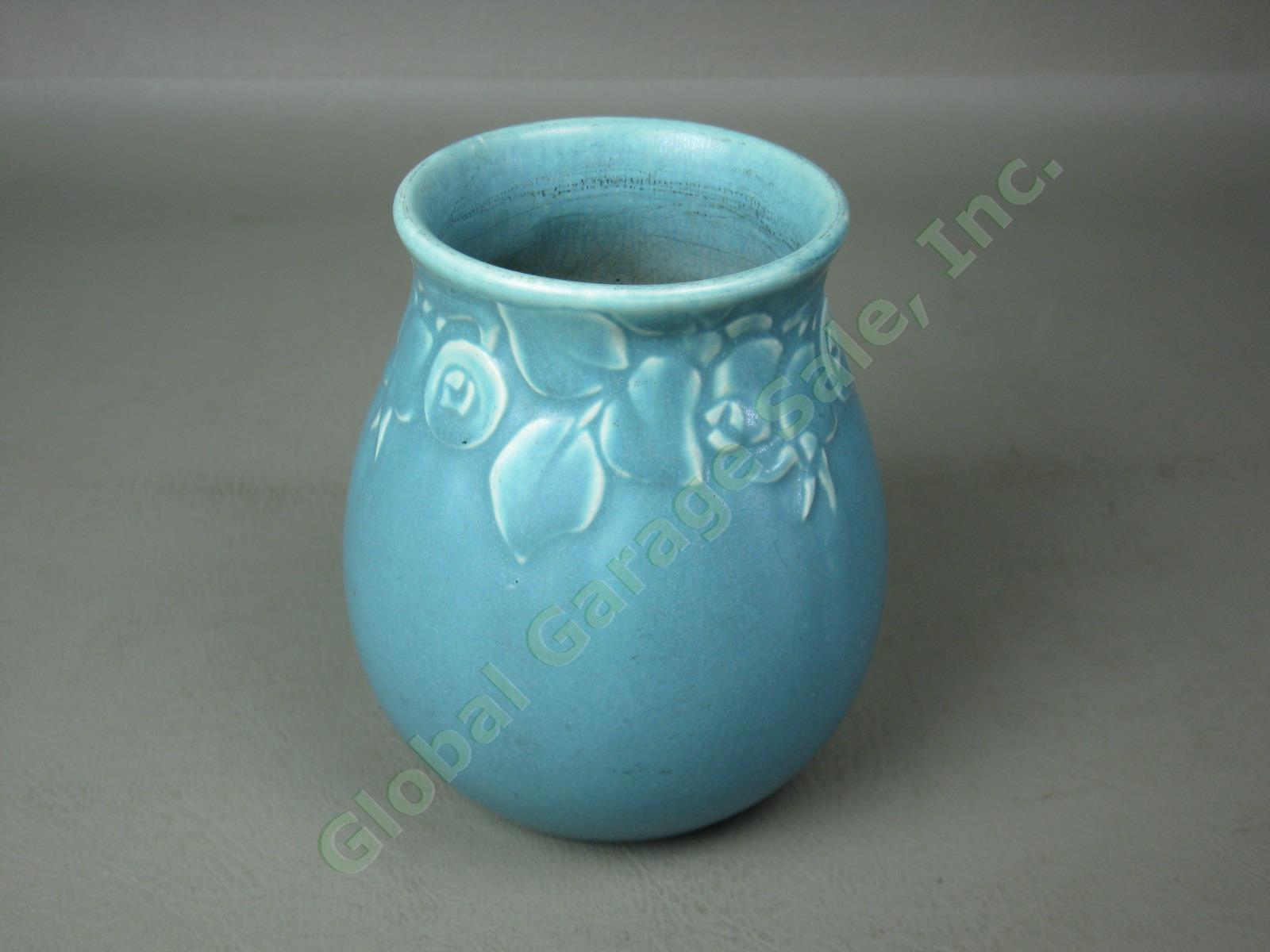 Rare Vtg Antique 1920s Rookwood Pottery Matte Blue Vase #2122 4-1/2" Rosehips NR 3