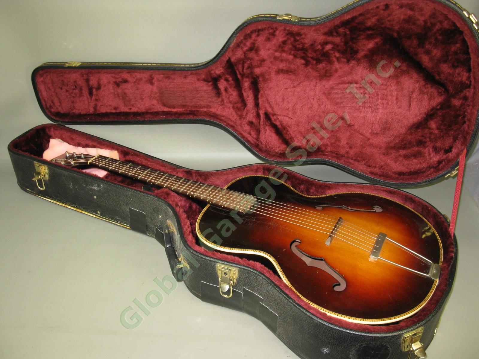Vtg 1930s 1940s Harmony Marwin No 1 Arch Top Acoustic Guitar w/ Case NO RES!