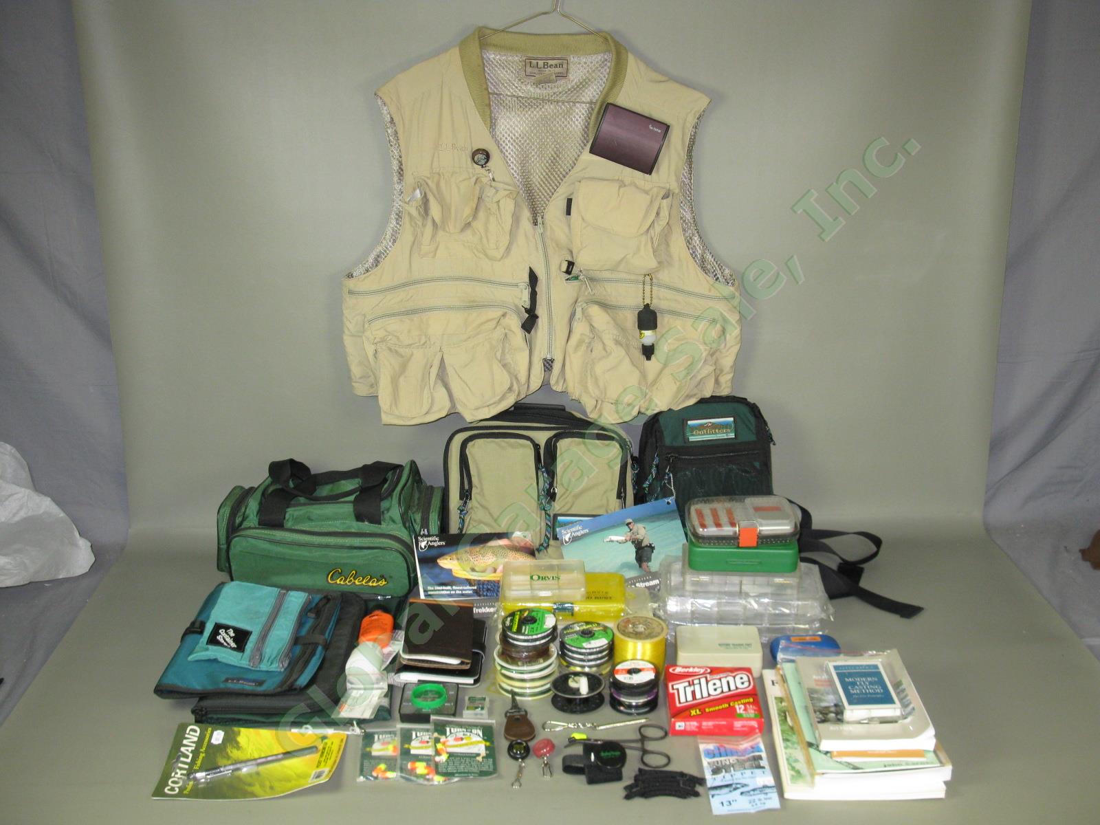 Huge Fly Fishing Gear Lot LL Bean Vest Orvis Cases Line New Bags Books Cabelas +