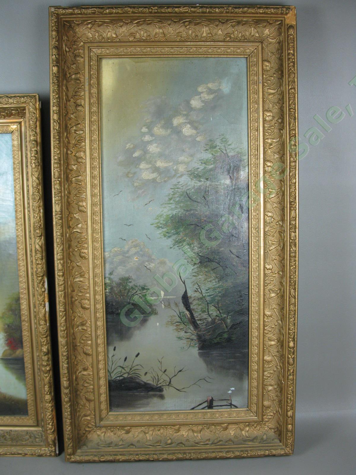 2 Antique Nature Landscape Oil Painting Signed KLB Ornate Rococo Frame Lot ~1885 5