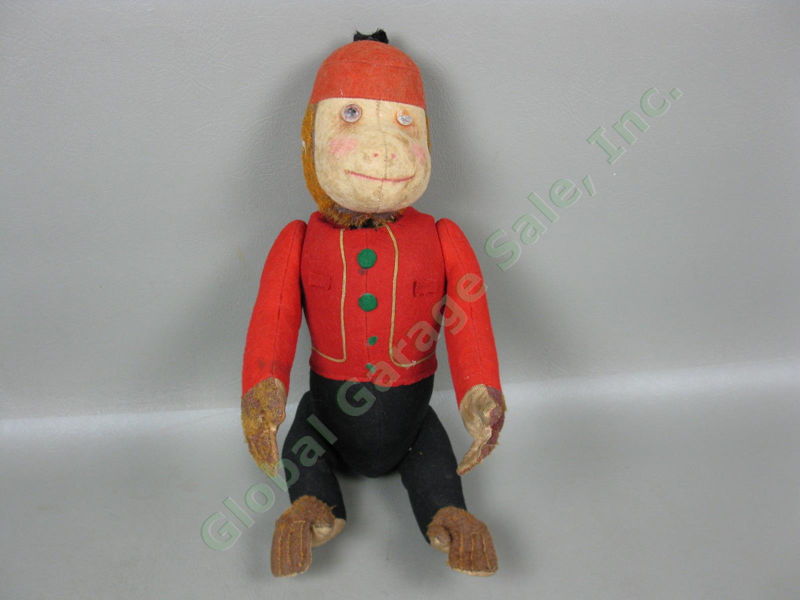 Vtg Antique 1920s Schuco Yes No Jointed Monkey Toy W/ Red Bellhop Uniform Works