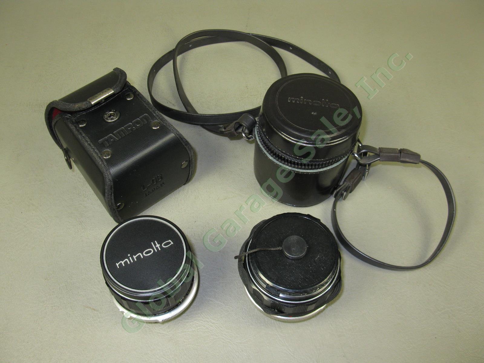 2 Minolta Camera Lens Lot Case Bundle MC W Rokkor-HG 2.8 35mm PF 1.4 58mm Tamron