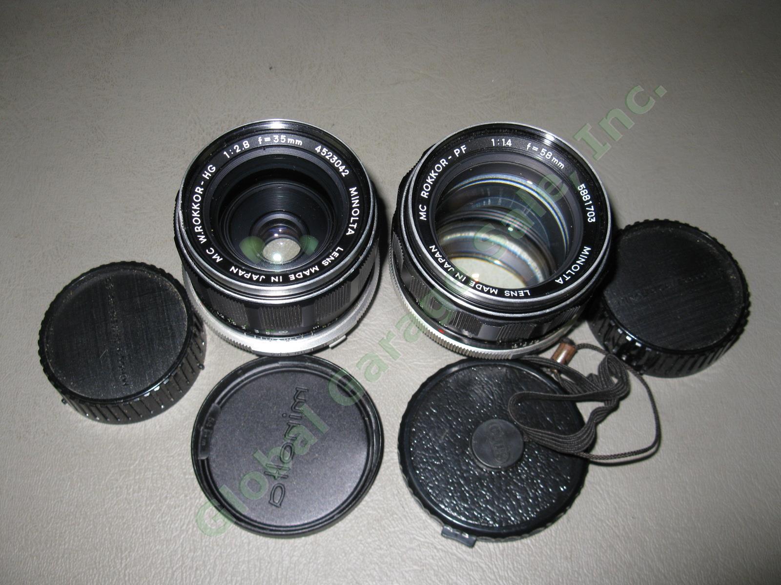 2 Minolta Camera Lens Lot Case Bundle MC W Rokkor-HG 2.8 35mm PF 1.4 58mm Tamron 1
