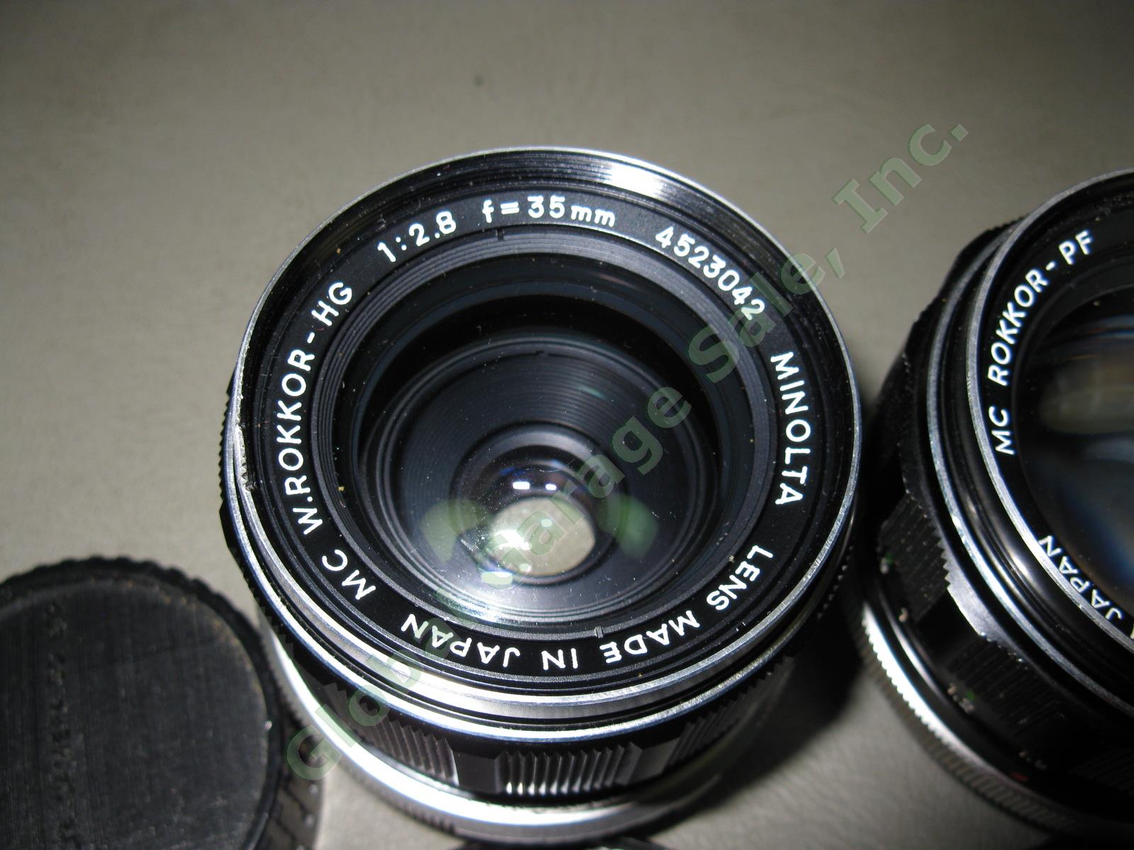 2 Minolta Camera Lens Lot Case Bundle MC W Rokkor-HG 2.8 35mm PF 1.4 58mm Tamron 2
