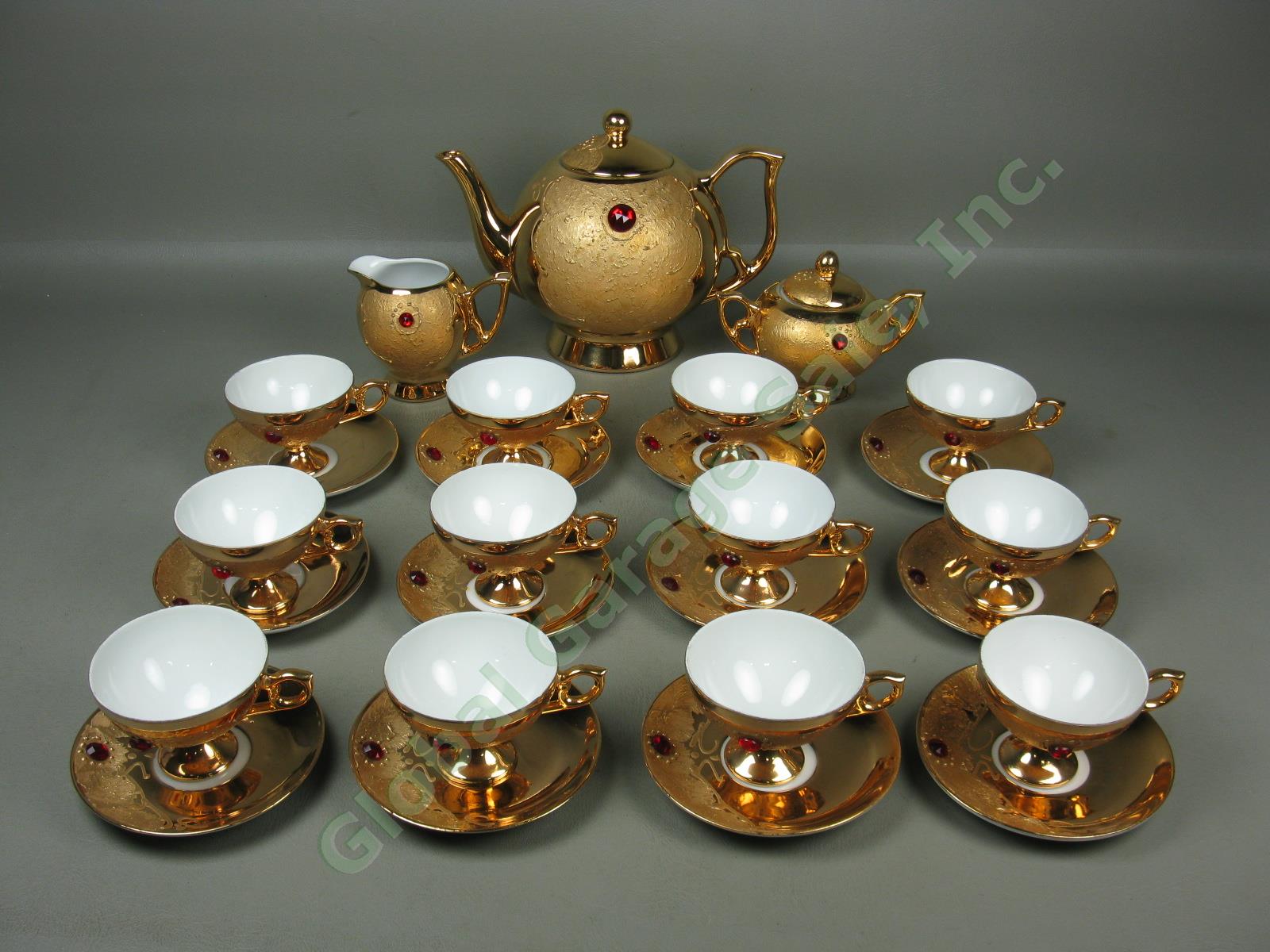 Vtg 29pc Rieber Mitterteich Bavaria Germany Gold Red Jewel Porcelain Tea Set NR!