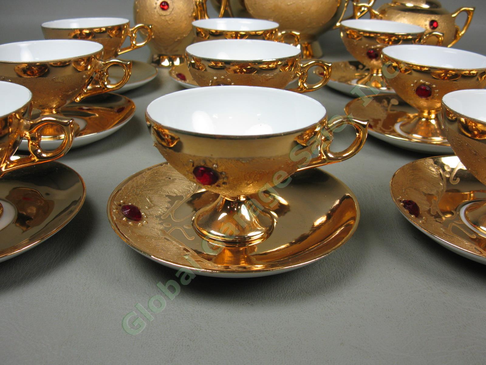 Vtg 29pc Rieber Mitterteich Bavaria Germany Gold Red Jewel Porcelain Tea Set NR! 1