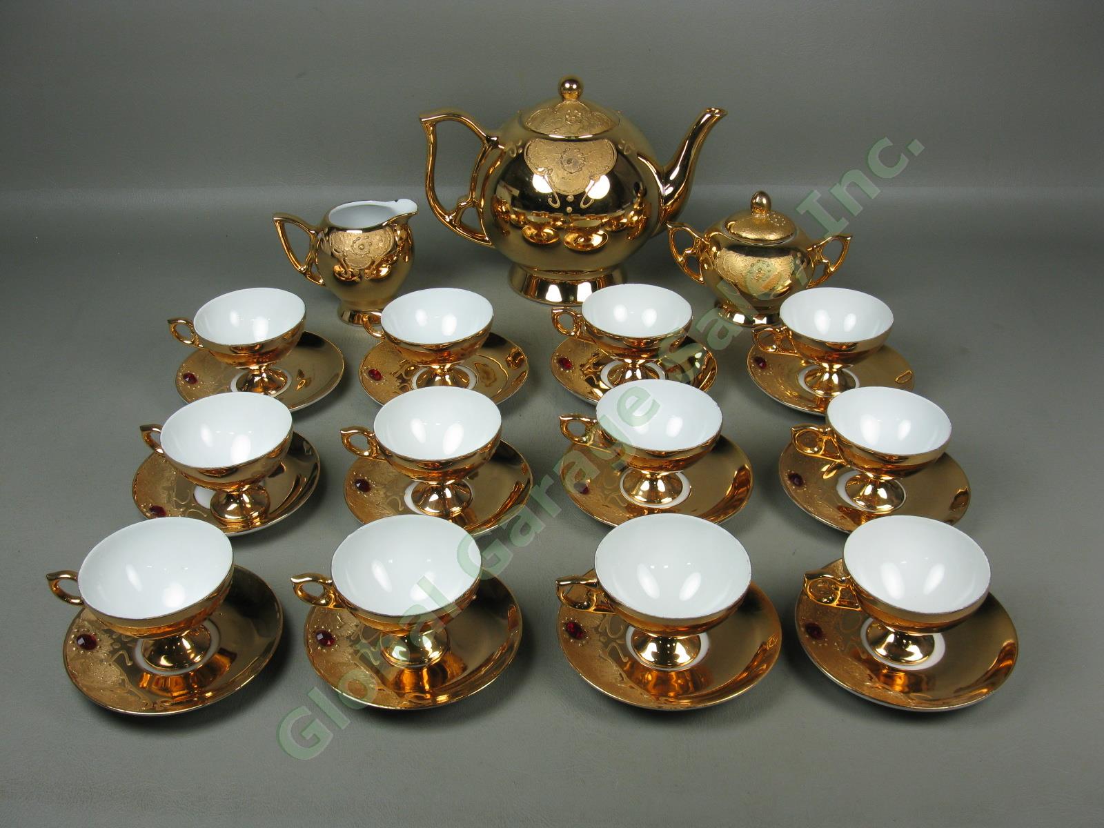 Vtg 29pc Rieber Mitterteich Bavaria Germany Gold Red Jewel Porcelain Tea Set NR! 2