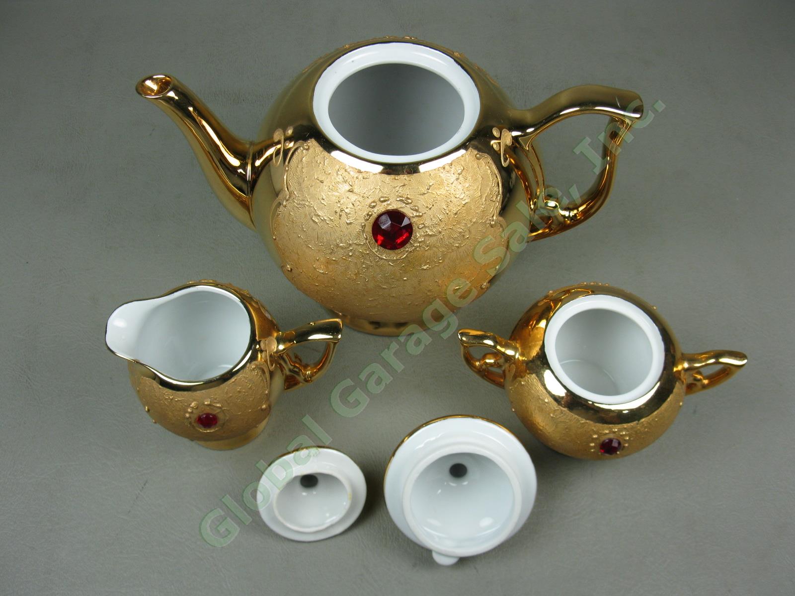 Vtg 29pc Rieber Mitterteich Bavaria Germany Gold Red Jewel Porcelain Tea Set NR! 9