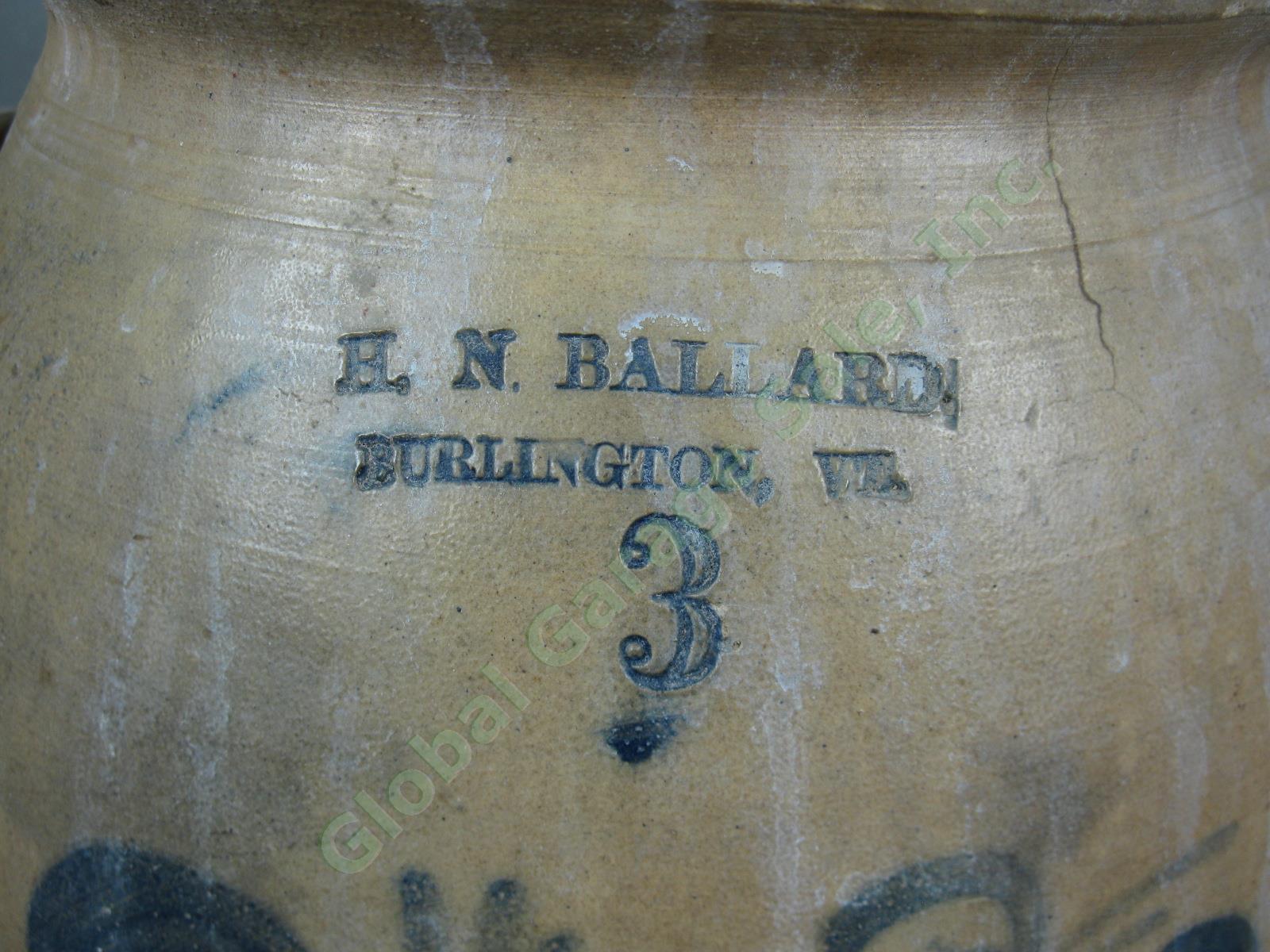 Vtg Antique H.N Ballard Burlington VT 3-Gallon Cobalt Salt Glaze Stoneware Crock 1