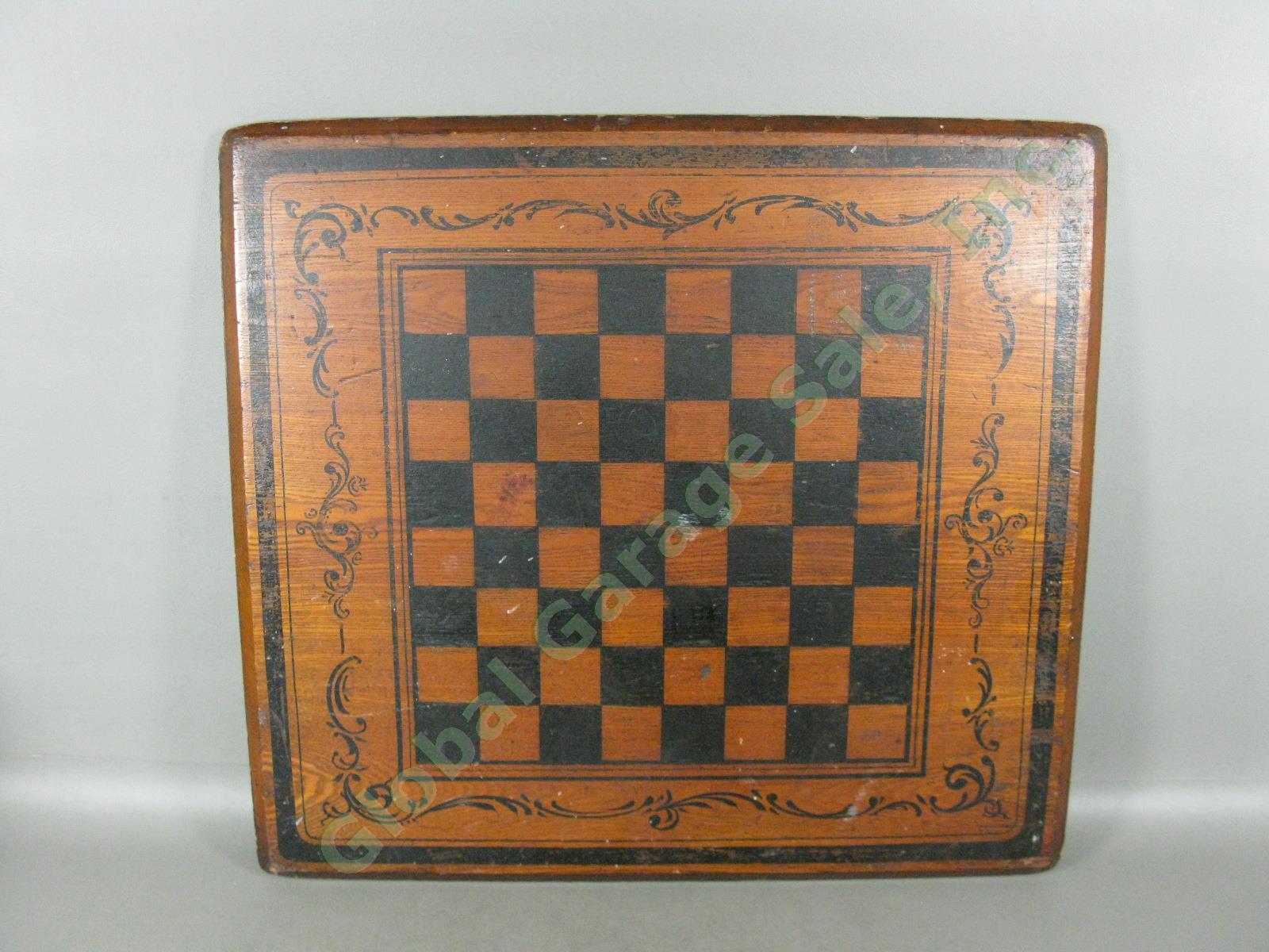 Vtg Antique Primitive Folk Art Stenciled Wooden Checker Chess Game Board 24"X22"