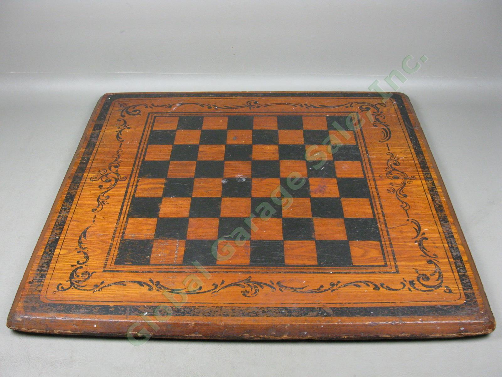 Vtg Antique Primitive Folk Art Stenciled Wooden Checker Chess Game Board 24"X22" 2