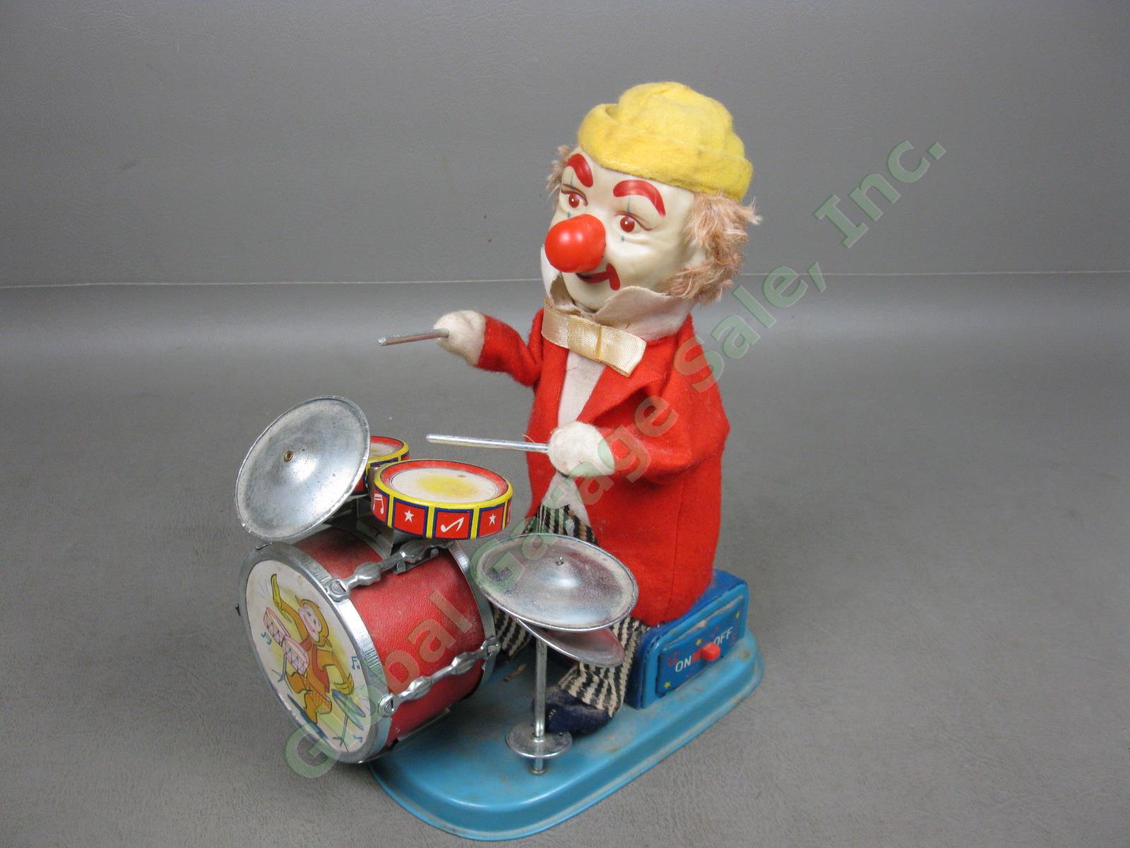 Vtg Charlie Drumming Clown Battery Operated Tin Litho Toy Cragstan Alps Japan NR