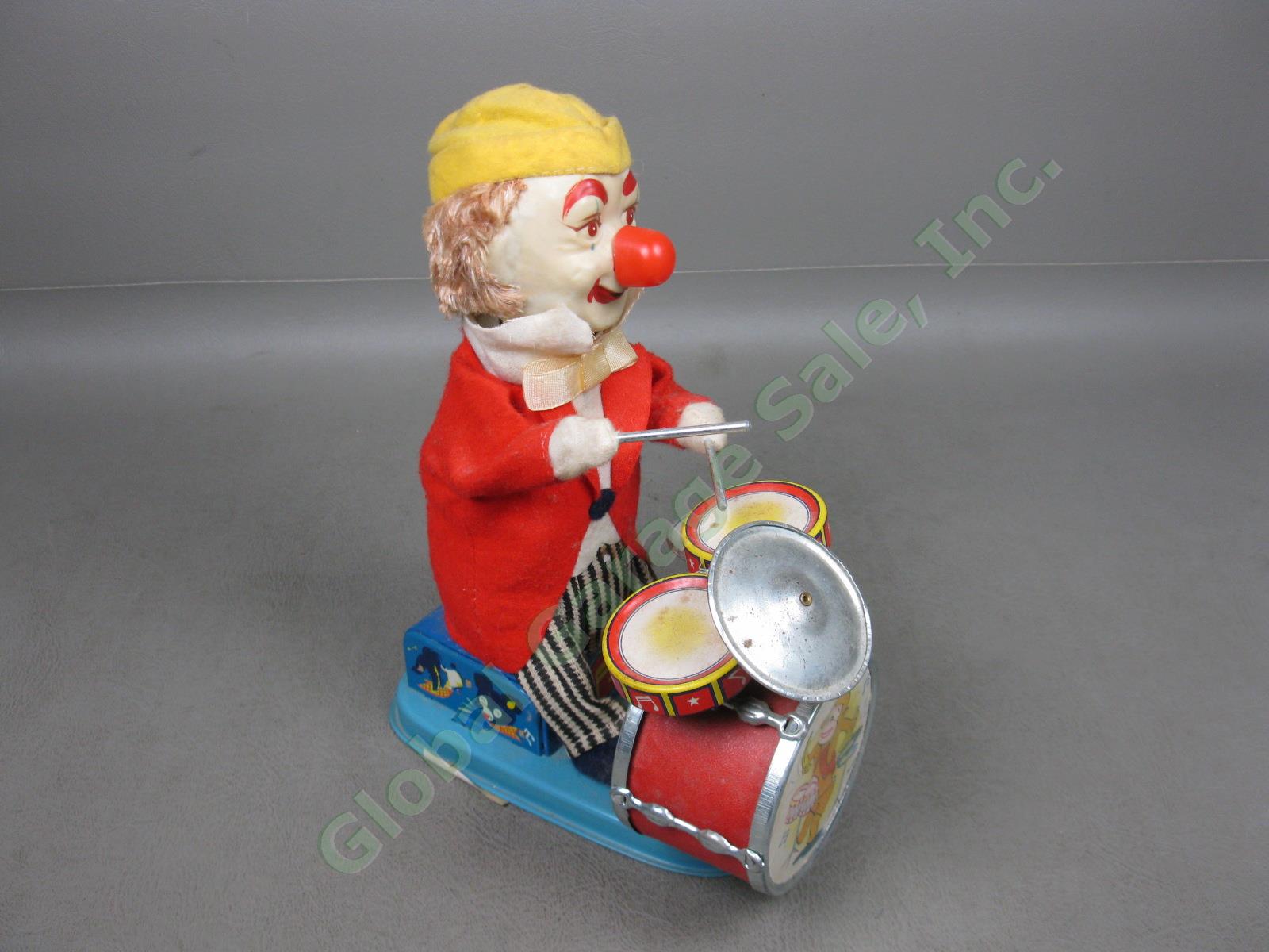 Vtg Charlie Drumming Clown Battery Operated Tin Litho Toy Cragstan Alps Japan NR 1