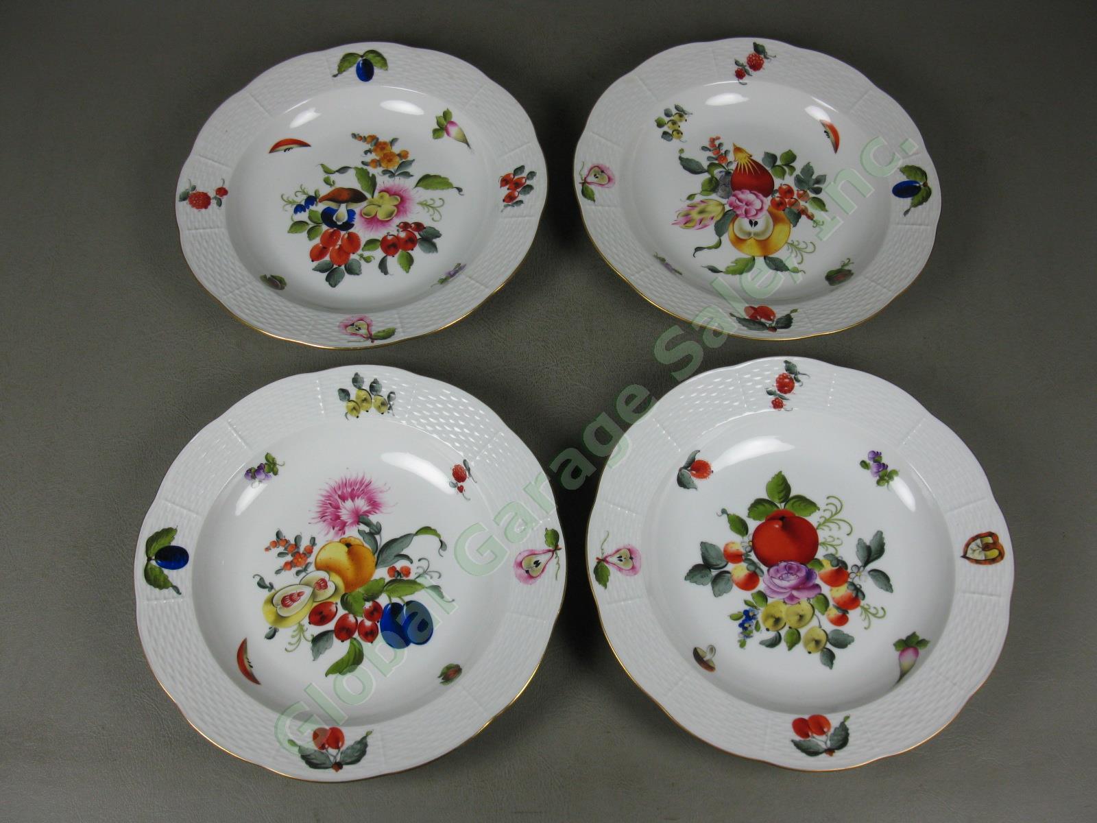 4 Herend Fruits & Flowers Porcelain Rimmed Soup Bowls 9.5" Basketweave 503/BFR