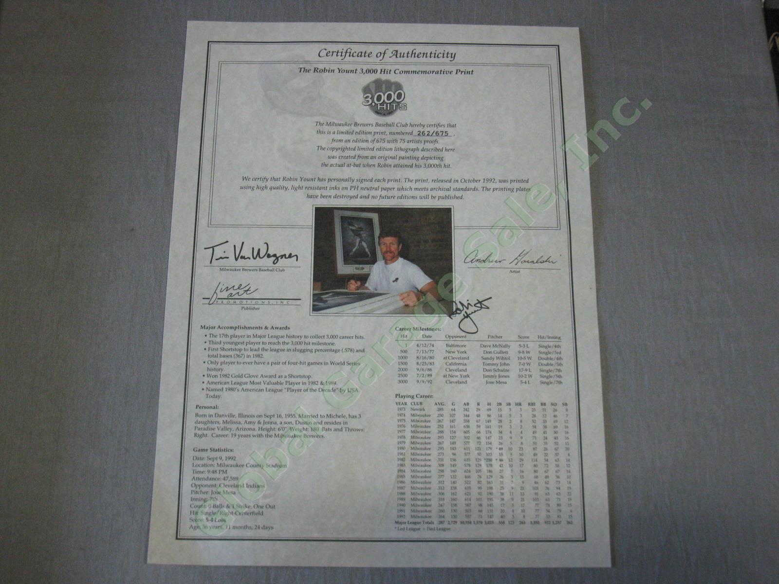 Robin Yount HOF Signed Framed 3000 Hits Goralski Print Milwaukee Brewers 262/675 9