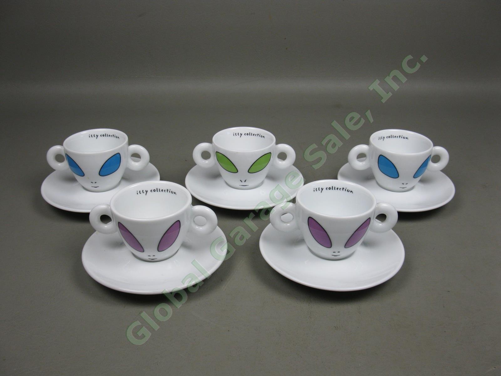 5 Illy Collection David Byrne Alien Espresso Coffee Cups + Saucers Set Lot 2001