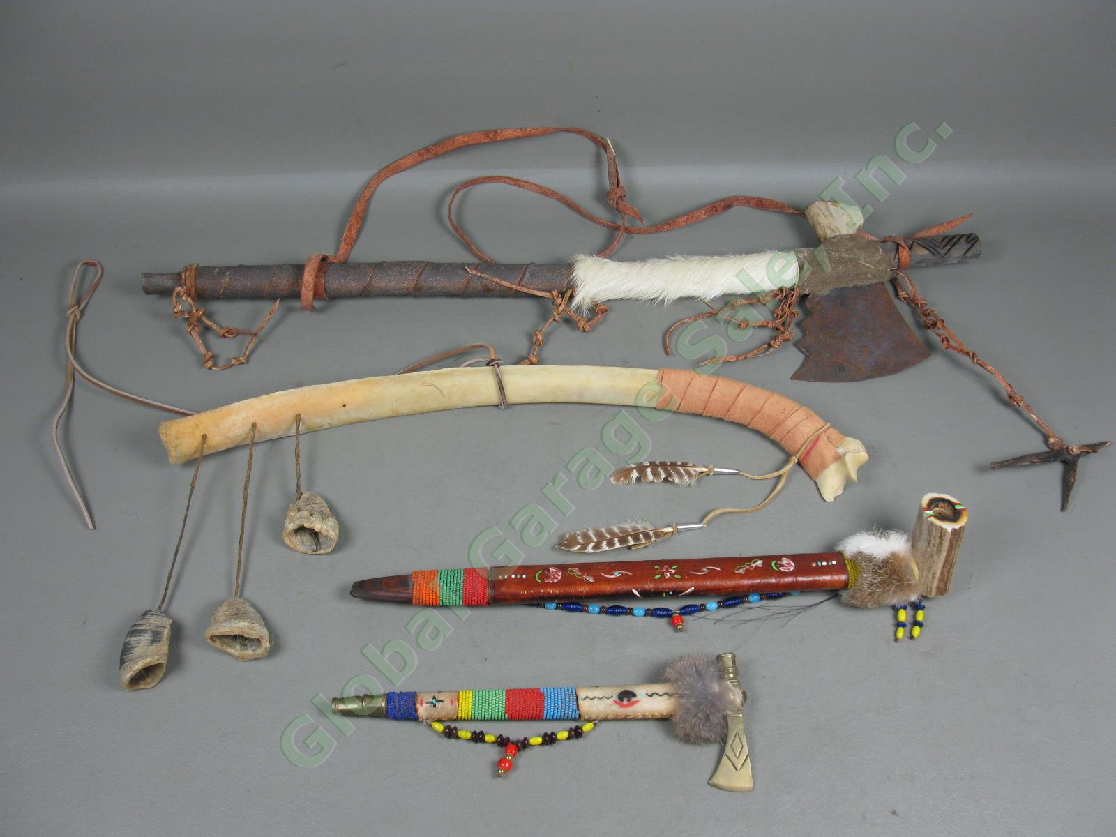 3 Vtg Native American Made Peace Pipes Tomahawk Bone Beaded Leather +Bone Mobile