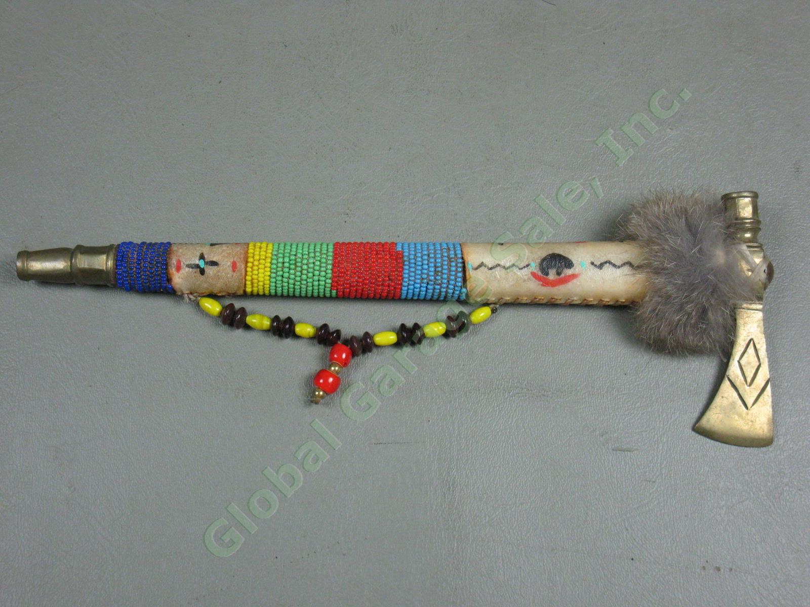 3 Vtg Native American Made Peace Pipes Tomahawk Bone Beaded Leather +Bone Mobile 1