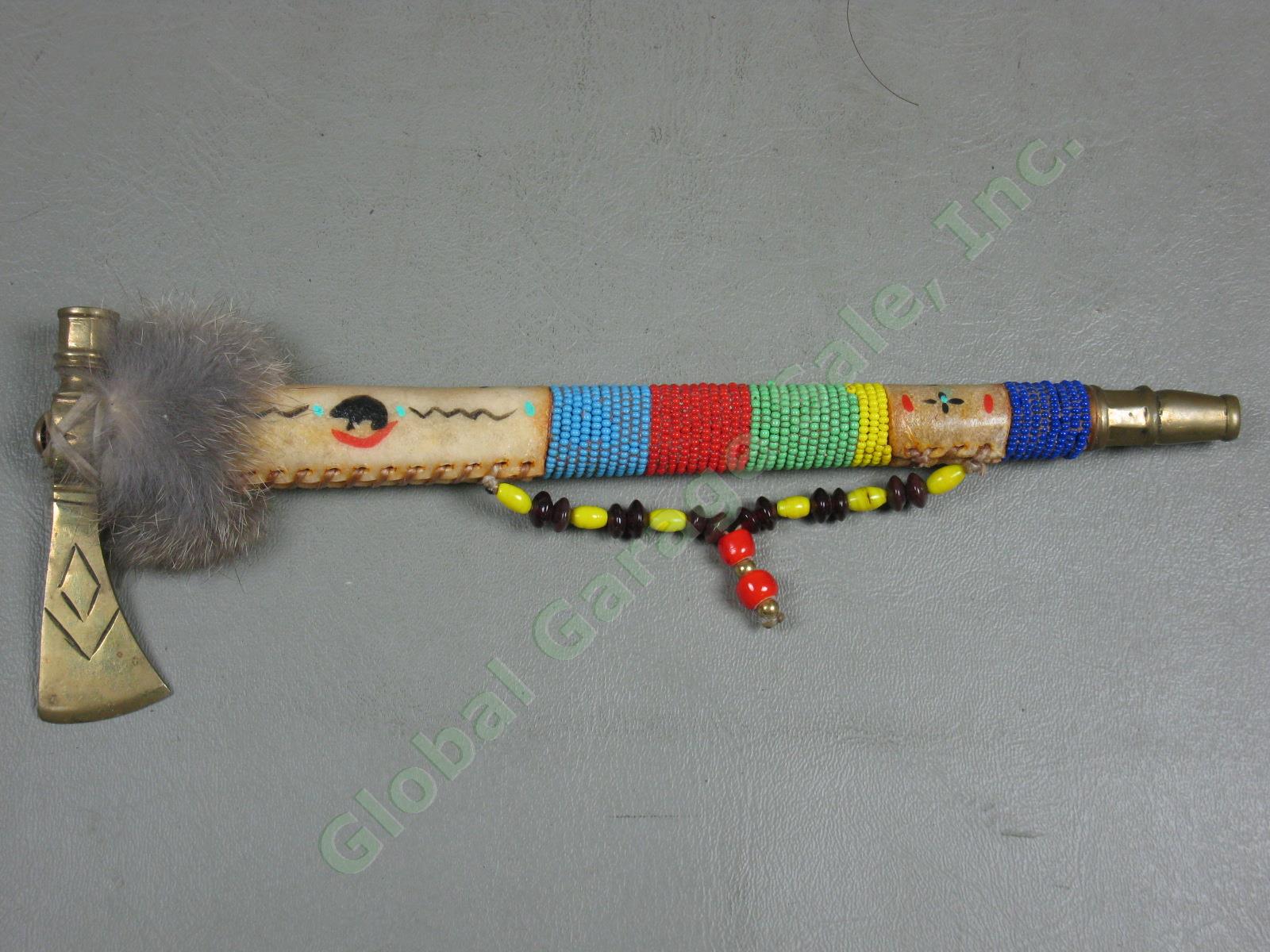 3 Vtg Native American Made Peace Pipes Tomahawk Bone Beaded Leather +Bone Mobile 2