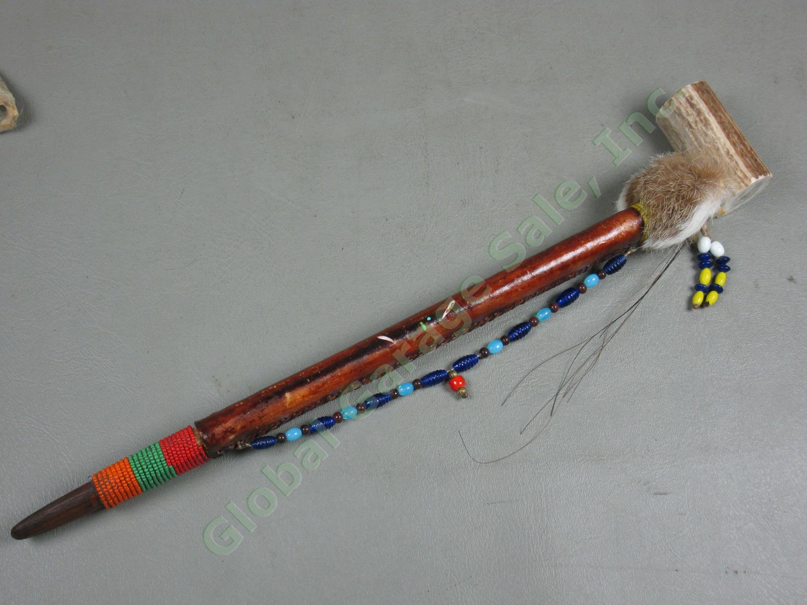 3 Vtg Native American Made Peace Pipes Tomahawk Bone Beaded Leather +Bone Mobile 3
