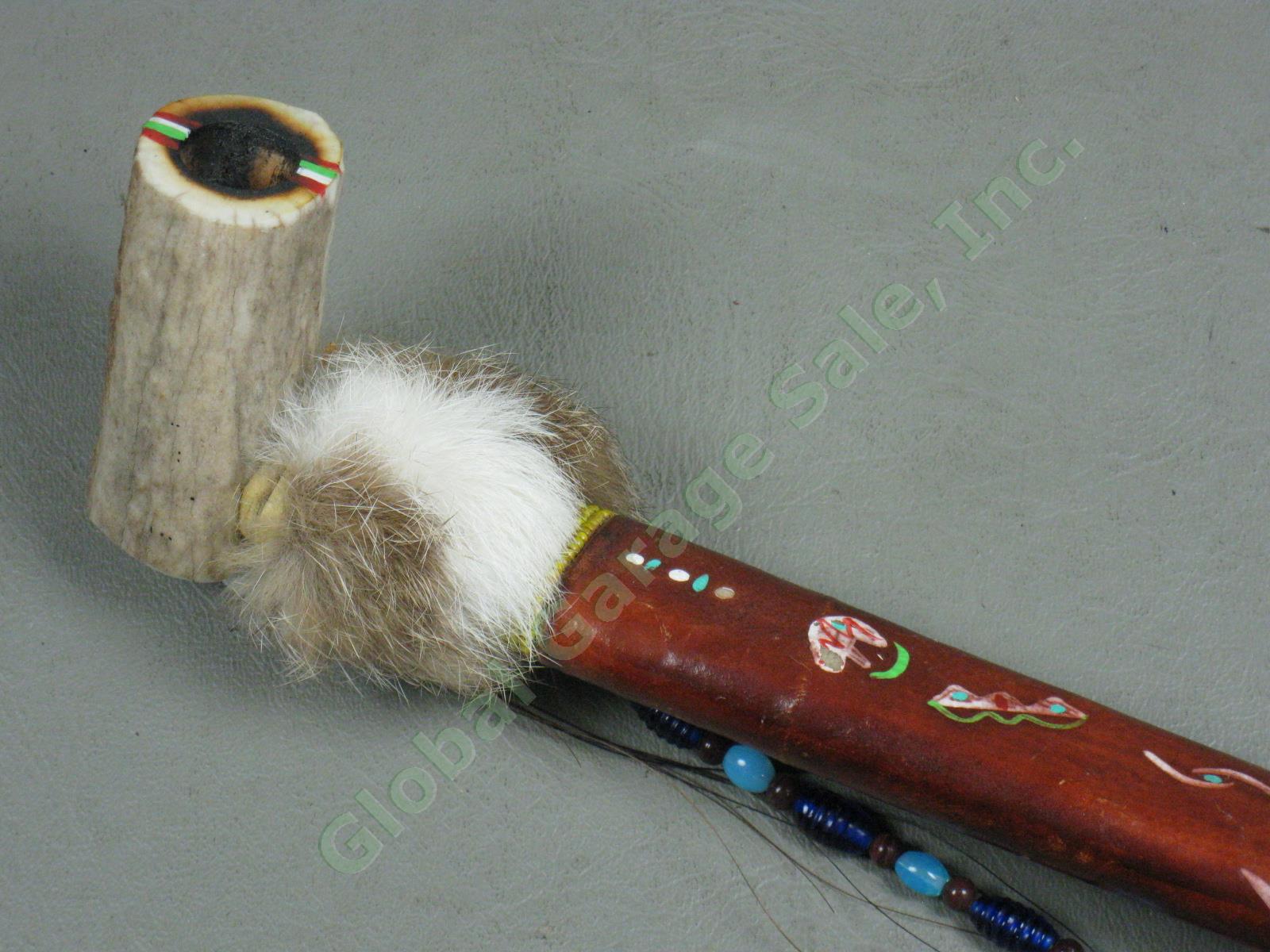 3 Vtg Native American Made Peace Pipes Tomahawk Bone Beaded Leather +Bone Mobile 5