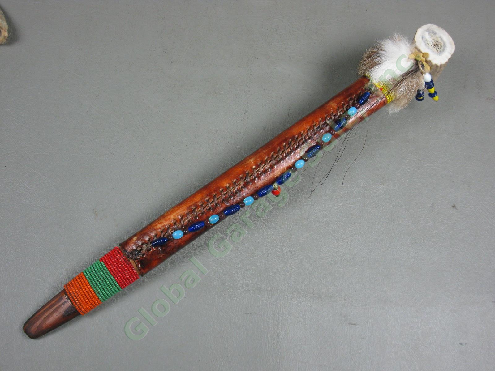 3 Vtg Native American Made Peace Pipes Tomahawk Bone Beaded Leather +Bone Mobile 6