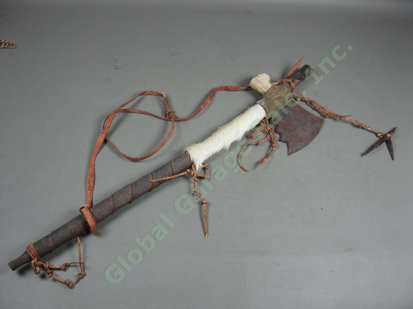 3 Vtg Native American Made Peace Pipes Tomahawk Bone Beaded Leather +Bone Mobile 7