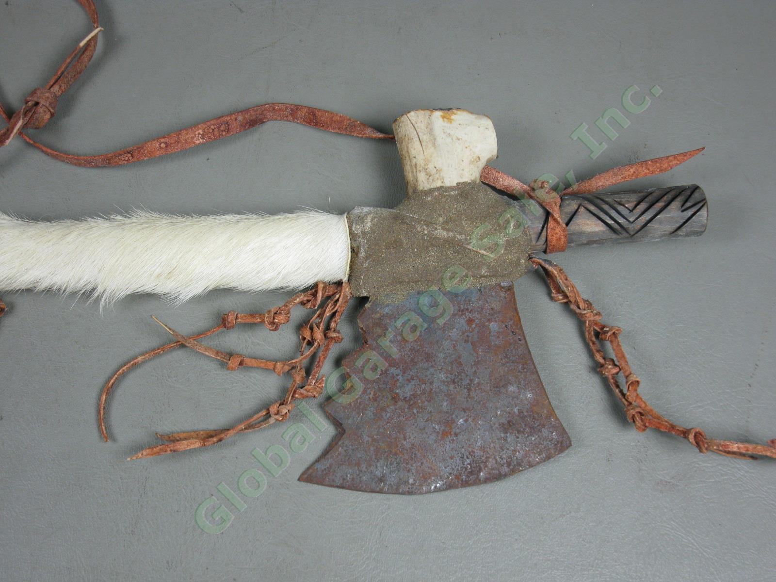 3 Vtg Native American Made Peace Pipes Tomahawk Bone Beaded Leather +Bone Mobile 8
