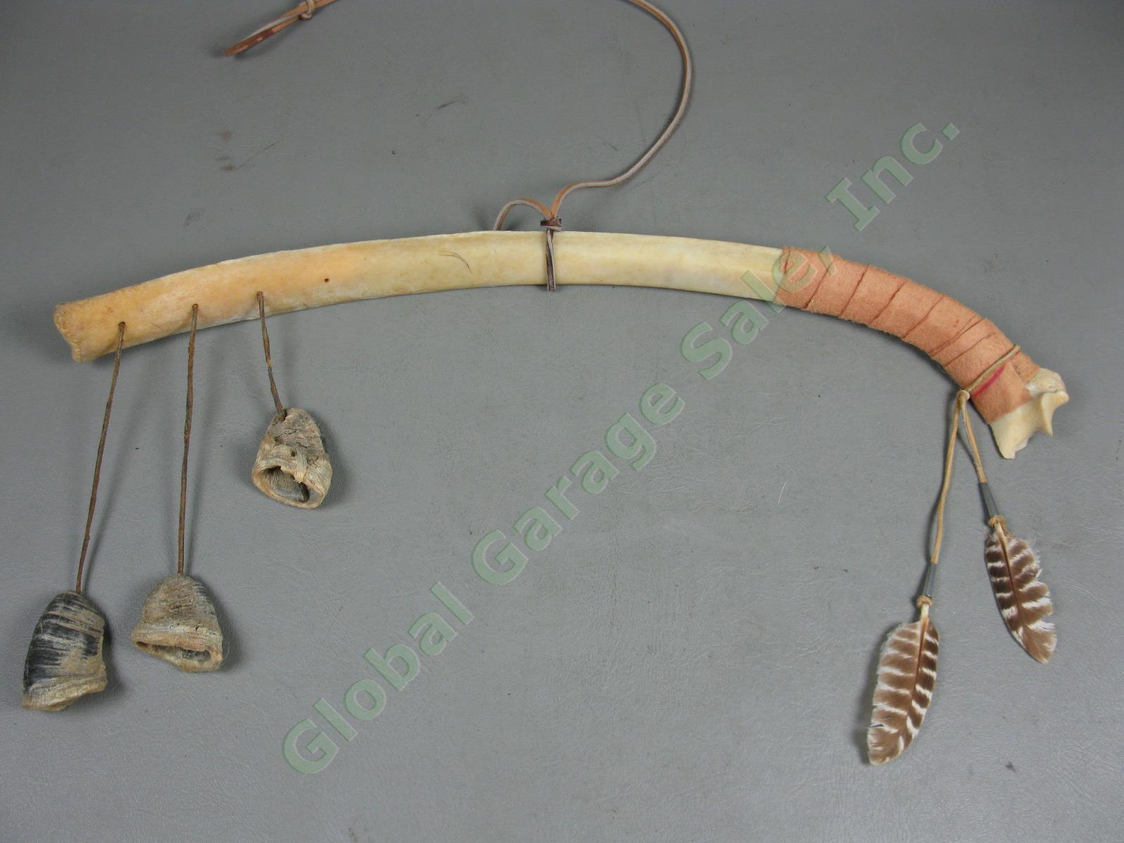 3 Vtg Native American Made Peace Pipes Tomahawk Bone Beaded Leather +Bone Mobile 11